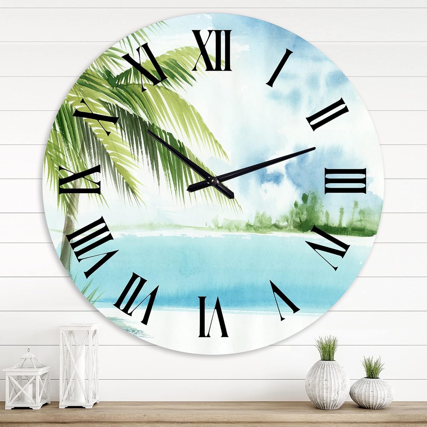 Nautical & Coastal Wall Clock 'Palm Beach Resort at Dawn I' Blue Round Wall Clock for Bedroom Decor