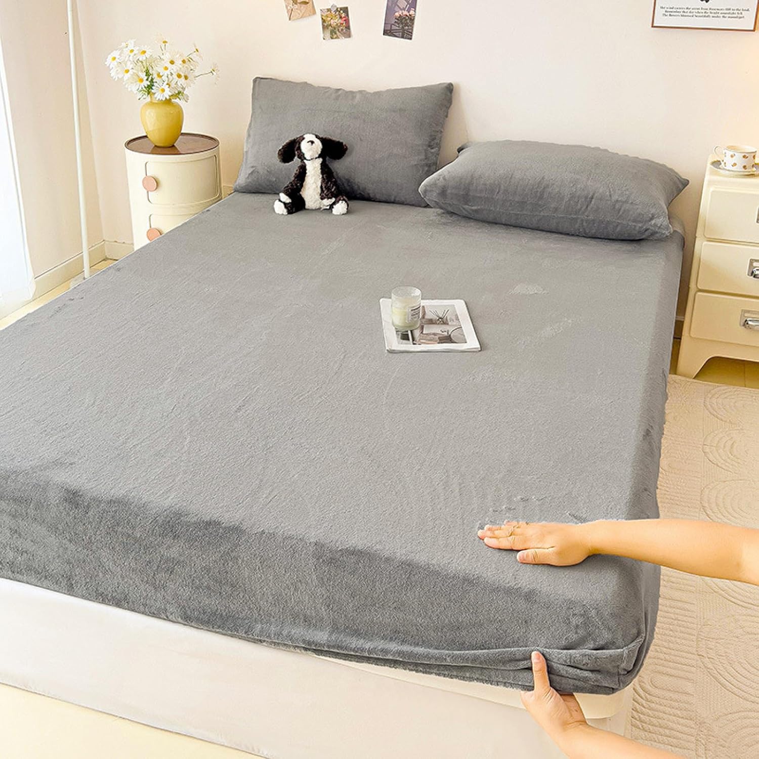 FCLDESHOP Mattress Encasement,Winter Warm Flannel Bed Sheet, Solid Color Anti-Slip Box Spring Mattress Cover, Checkered Bed Cover,Dark Grey,90 * 200cm*15cm (3pcs)