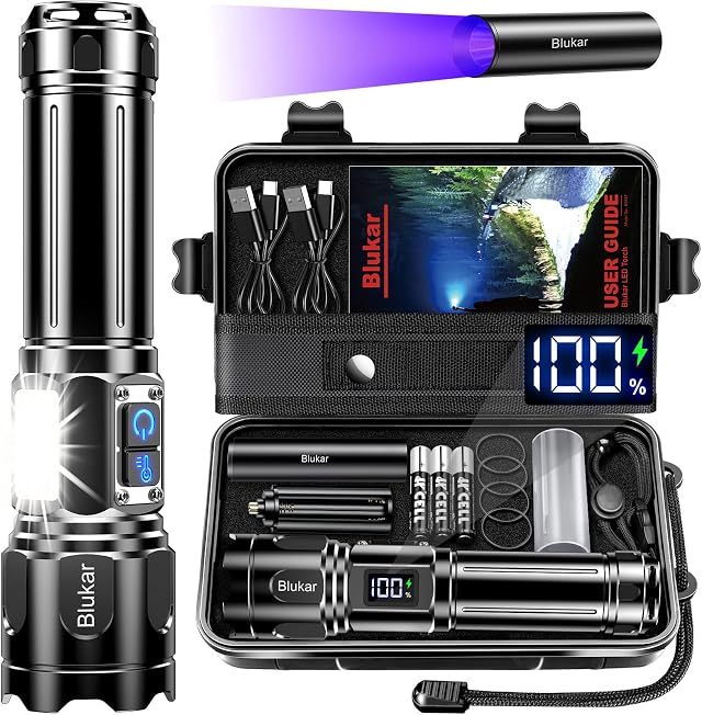 Blukar Taschenlampe LED 2 Farbtemperatur mit Hauptlicht & Seitlich COB | Aufladbar Extrem Hell Stufenlos Dimmbar Taschenlampen Zoombar Handlampe, 7 Modi Wasserdicht Flashlight für Outdoor Notfäll