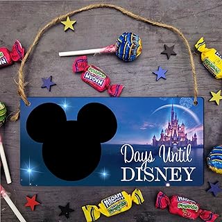 Days Until Disney: Colour Options - Girls Children's Gift, Holiday Countdown Chalkboard Plaque - Modern Rustic Design, Family Vacation Countdown (Rectangle Plaque 19cm x 10cm, Blue Castle)