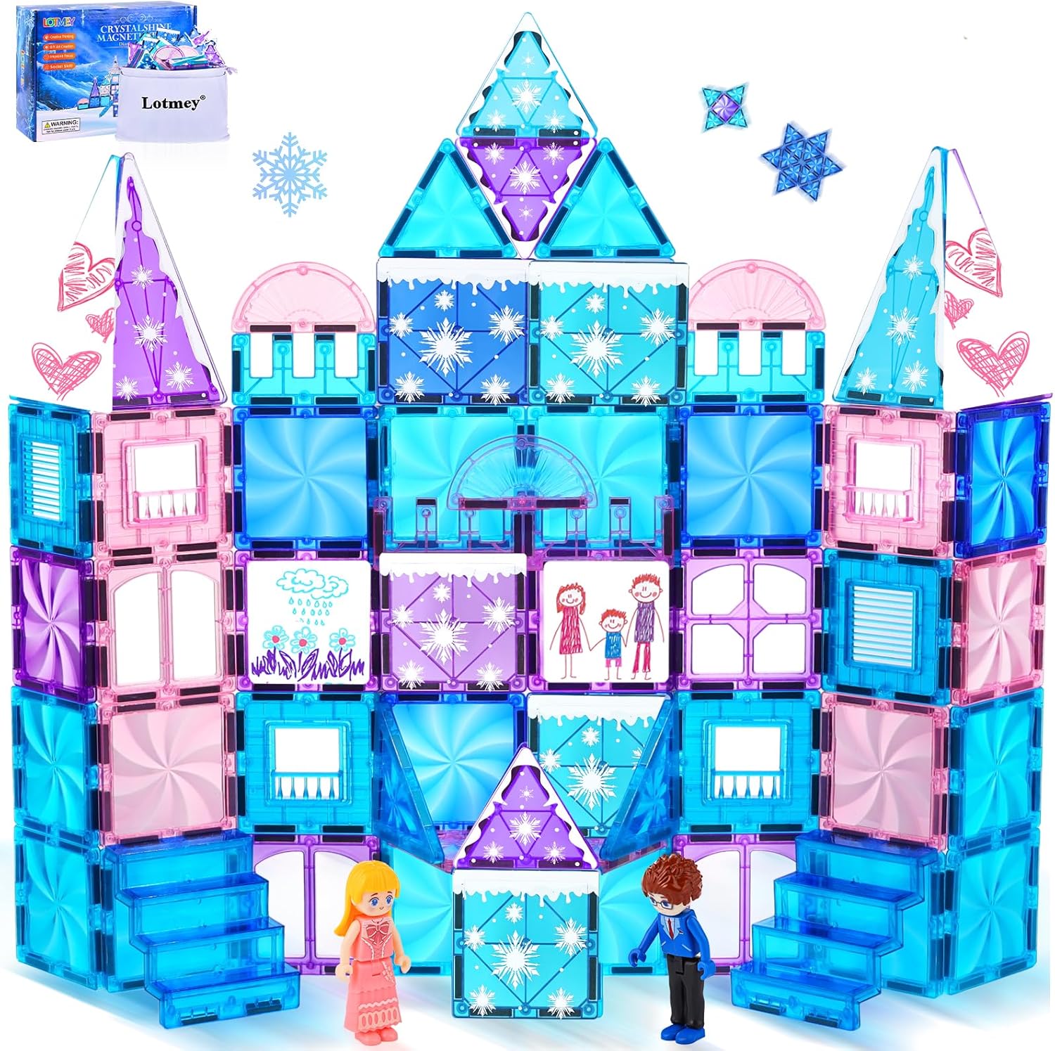 Diamond Magnetic Tiles Set 145PCS with Magnetic Doodle Kit, 3D Blocks Magnet Toys for Girls 3 4-7,8-12, Stem Toys Princess Castle Include 2 Stairs 2 Dolls Decals Stickers,3 4 5 6 7 8+ Girls Xmas Gift