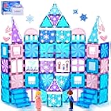 Diamond Magnetic Tiles Set 145PCS with Magnetic Doodle Kit, 3D Blocks Magnet Toys for Girls 3 4-7,8-12, Stem Toys Princess Castle Include 2 Stairs 2 Dolls Decals Stickers,3 4 5 6 7 8+ Girls Xmas Gift
