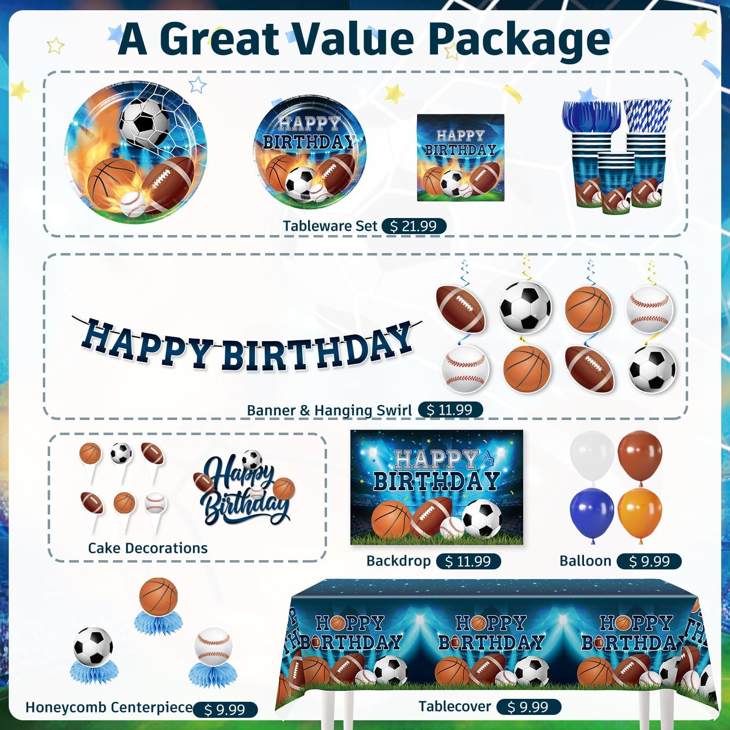 222Pcs Sports Birthday Party Decorations- Amp Up Your Sports Themed Party for 25 Guests. Includes Banner, Plates, Tablecloth, Cupcake Toppers and Aluminum Balloons for Boy Birthday Party Decorations