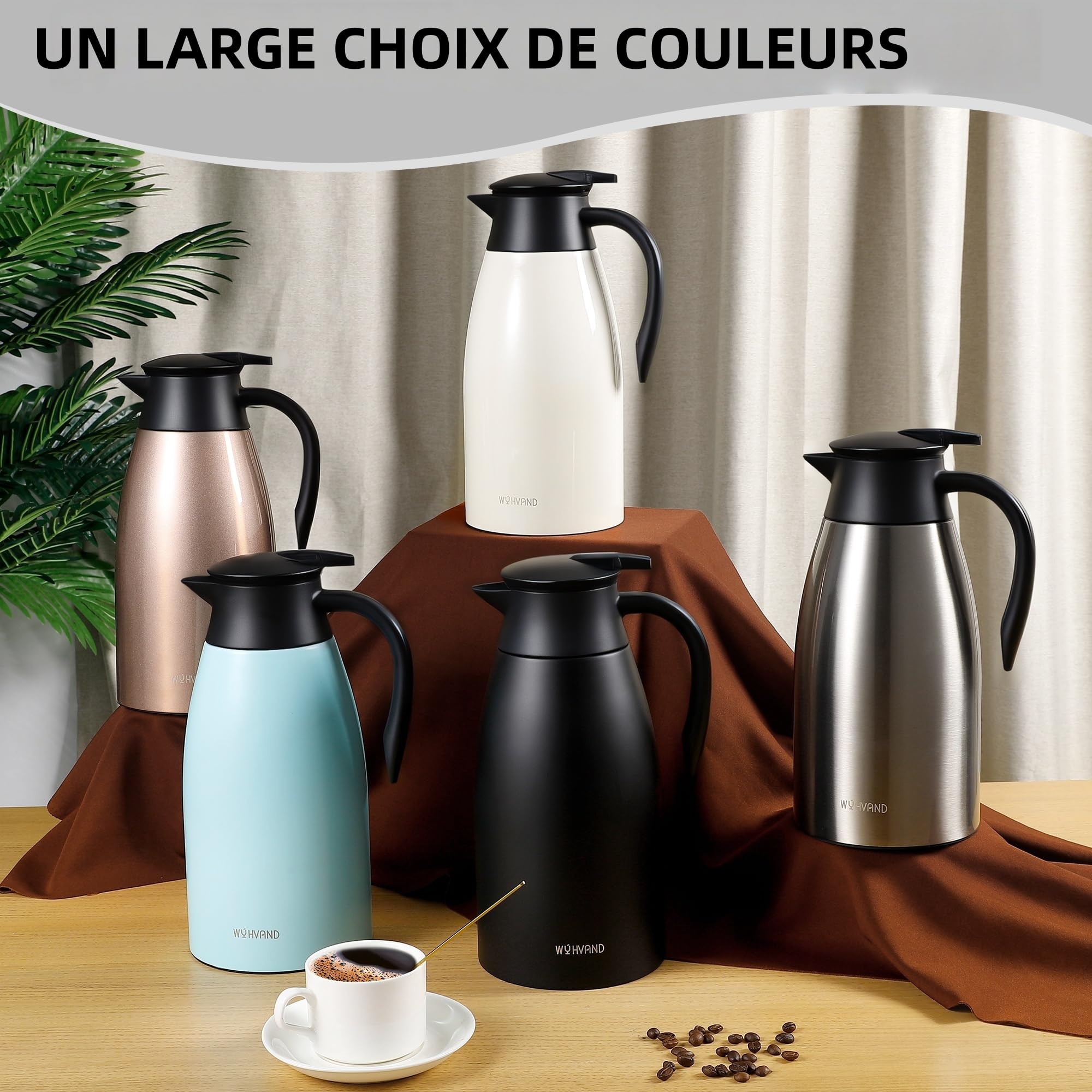 Carafe Isotherme 2L, Pichet à Café en Acier Inoxydable 304, Garde le Chaud et le Froid, Étanche, Versement à Une Main, Maison, Bureau et Hôtel, Noir