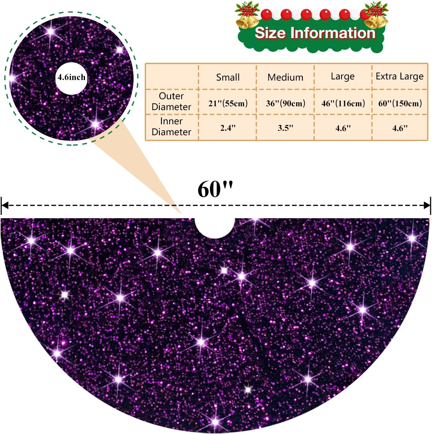 Purple Tree Skirt 60 Inch Sequin Glittery Christmas Tree Skirt Dark Purple Tree Skirts Mermaid Sequins Xmas Tree Skirt for 9 FT Tree Velvet Christmas Tree Base Cover for Halloween Decorations