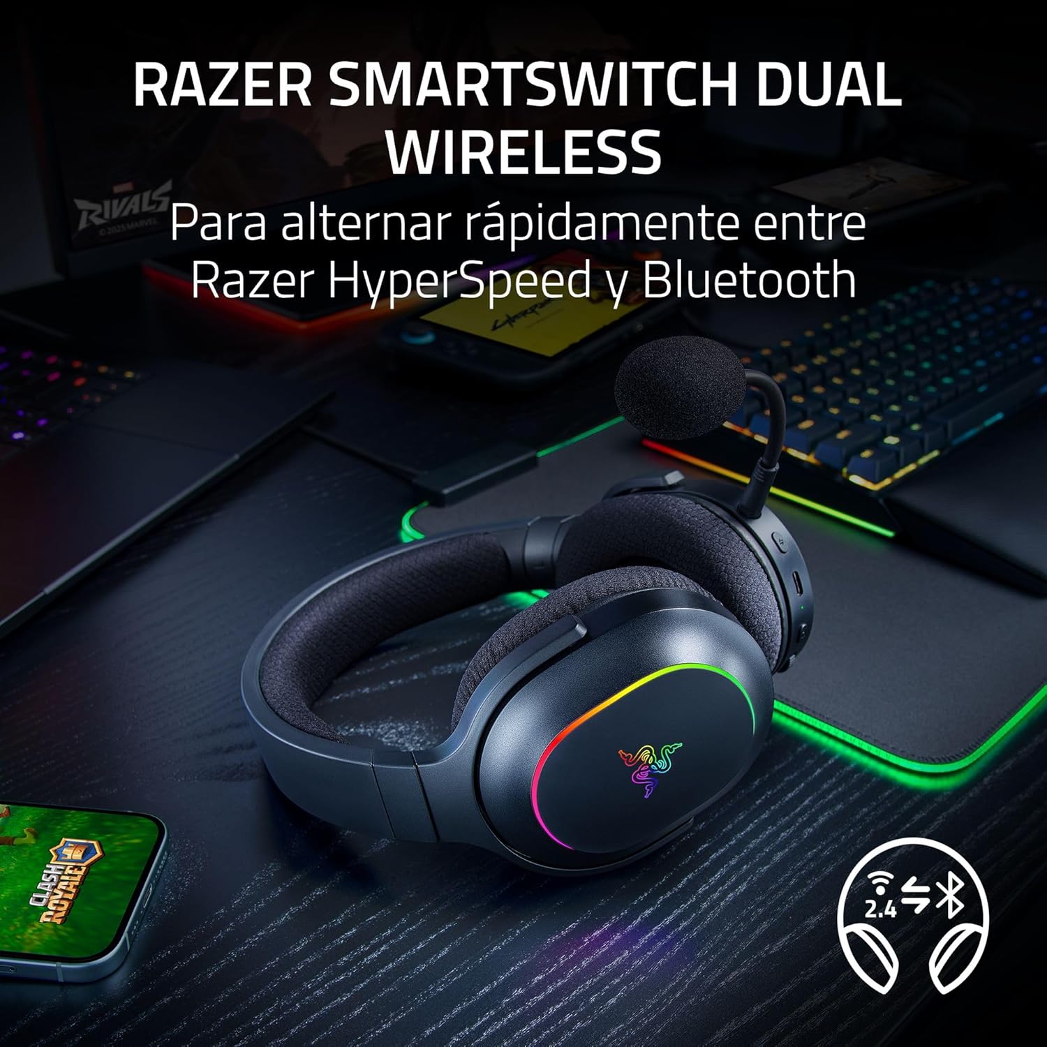 Razer Barracuda X Chroma – Auriculares inalámbricos para Juegos multiplataforma con 6 Zonas Chroma RGB (SmartSwitch Hyperspeed y Bluetooth, Altavoces de 40mm, micrófono Desmontable) Negro 3