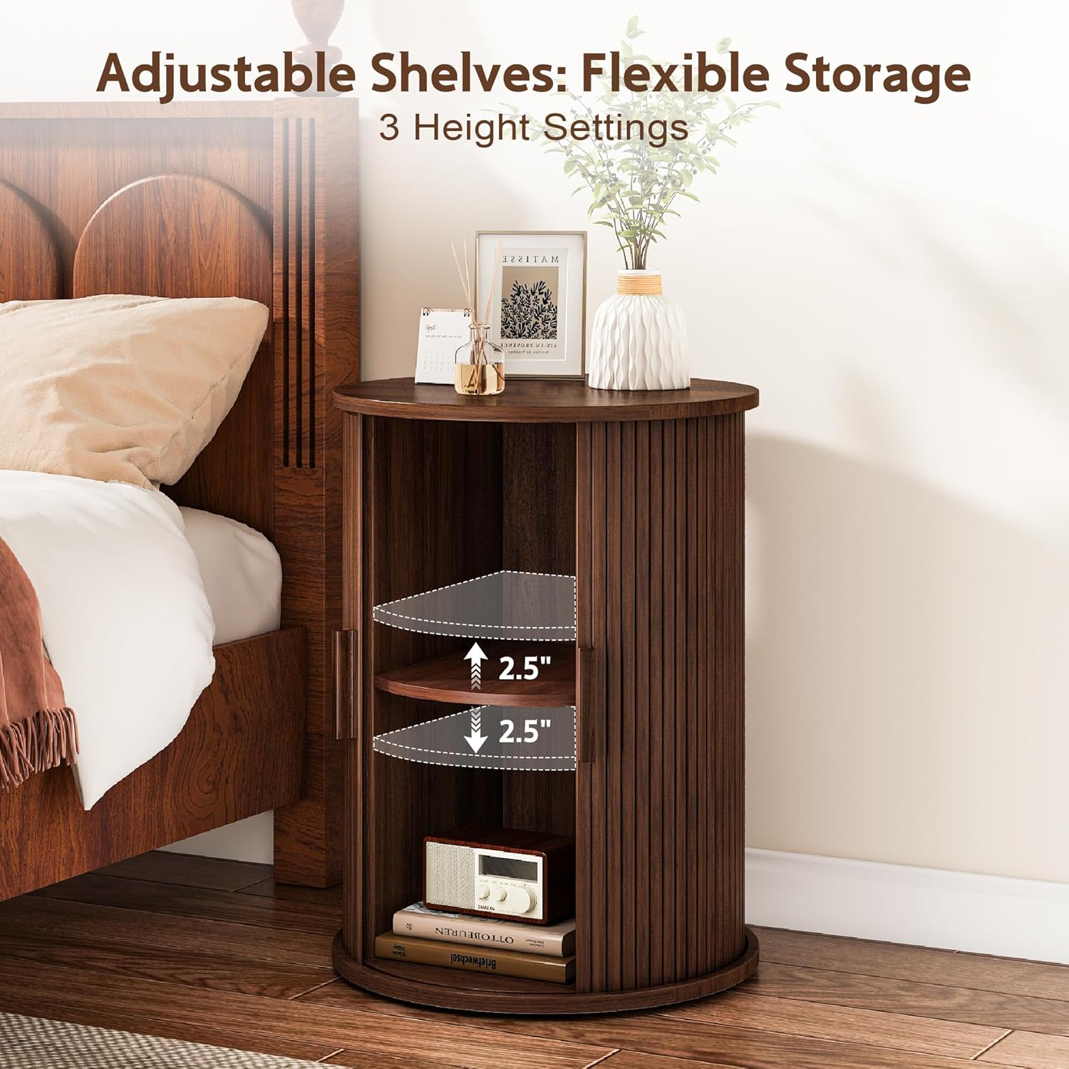 wanan Round Fluted End Table Set of 2, Tall Side Table with Sliding Tambour Door and Adjustable Storage Shelf, Modern Bedside Table, Nightstand for Living Room, Bedroom (Walnut)