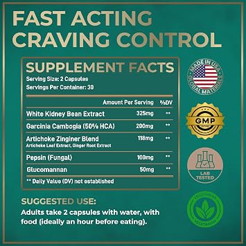 Appetite Suppressant for Weight Loss, Hunger Suppressant - Diet Pills That Work Fast for Women and Men - Garcinia Cambogia, Glucomannan, White Kidney Bean Carb Blocker and Fat Burner - 60 Veggie Caps