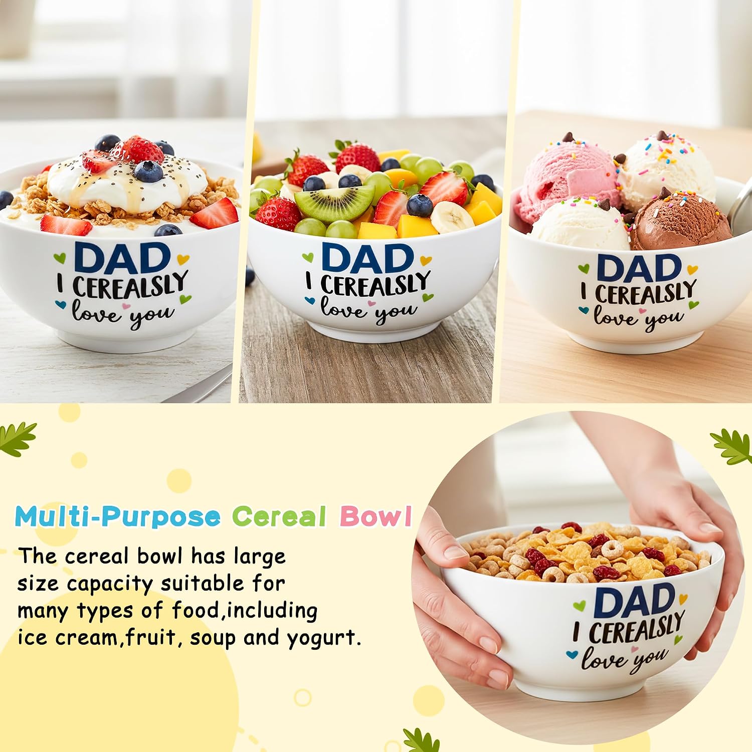R HORSE Father Day Cereal Bowl Gift Set - 44Oz Dad I Cerealsly Love You Funny Cereal Bowl and Engraved Spoon Card Set, Oatmeal Bowl Cereal Fruit Tableware Kit for Dad Father Grandpa Men Birthday Gifts
