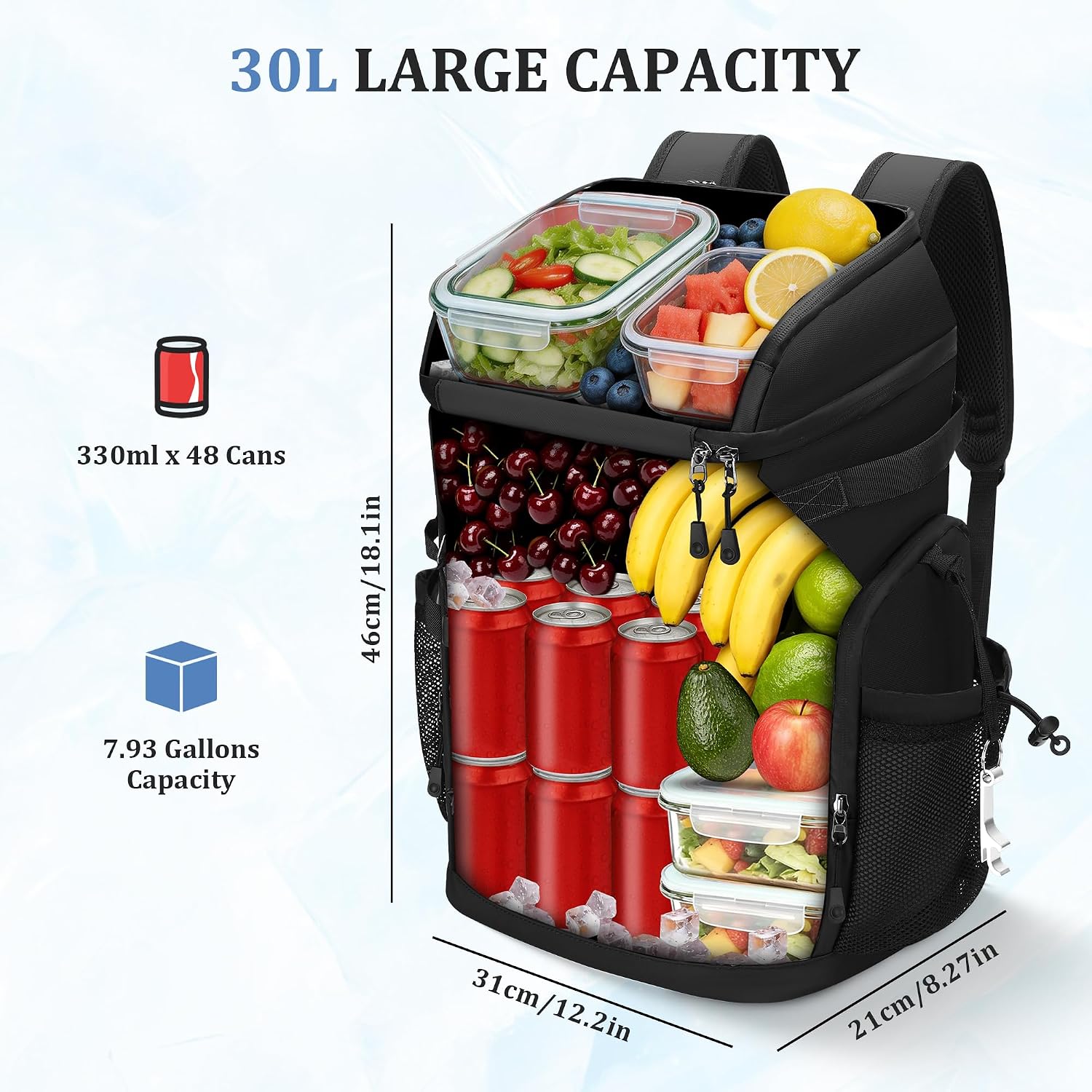 30L Cooler Backpack for Men Women, Leak Proof & Waterproof, Double Decker Insulated Backpack Cooler for Beach Camping Picnic (7.93 Gal, 48 Can)