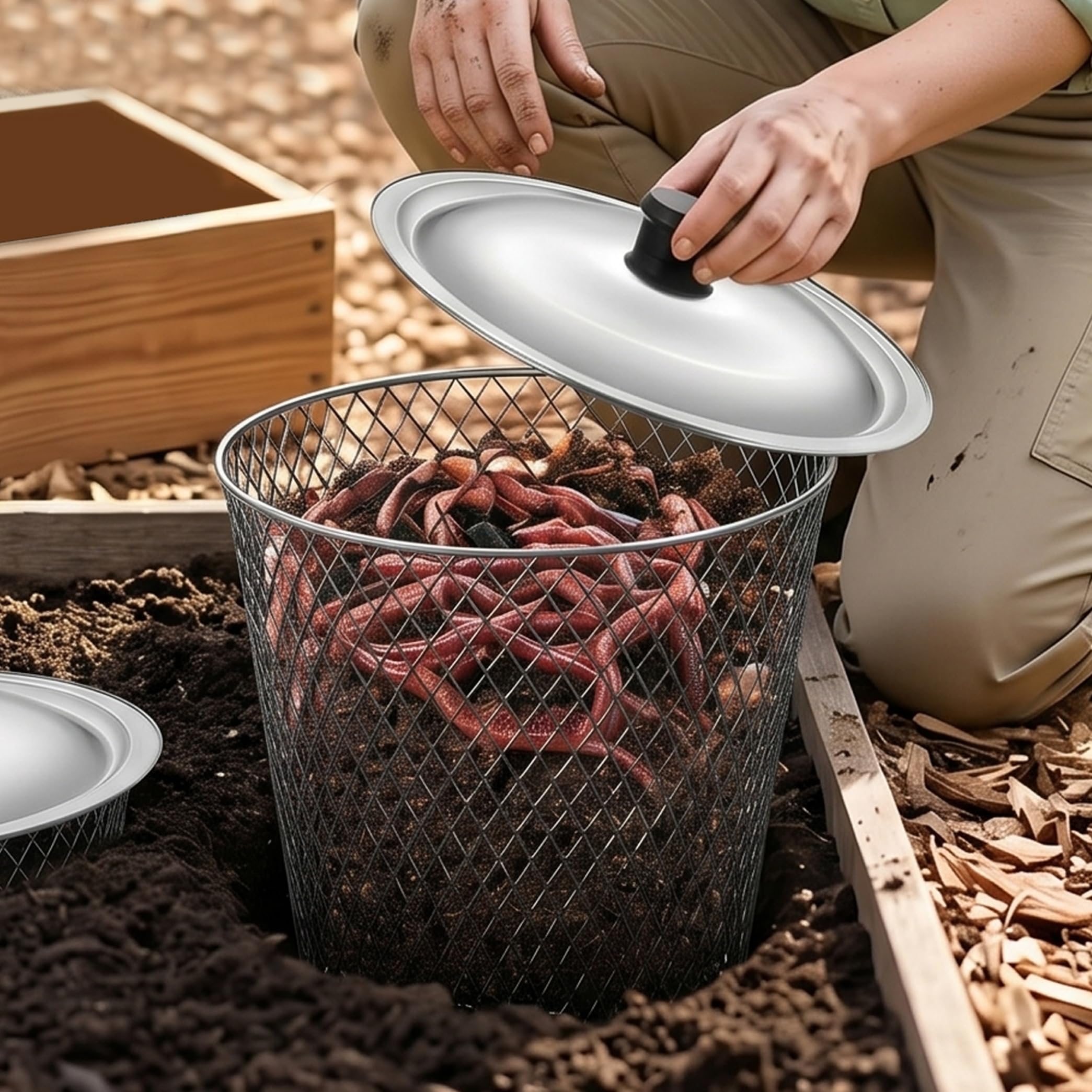 Kit de composteur de vers en Maille métallique avec Couvercle dans Le Sol, idéal pour Le compostage Jardin extérieur, 4 pièces