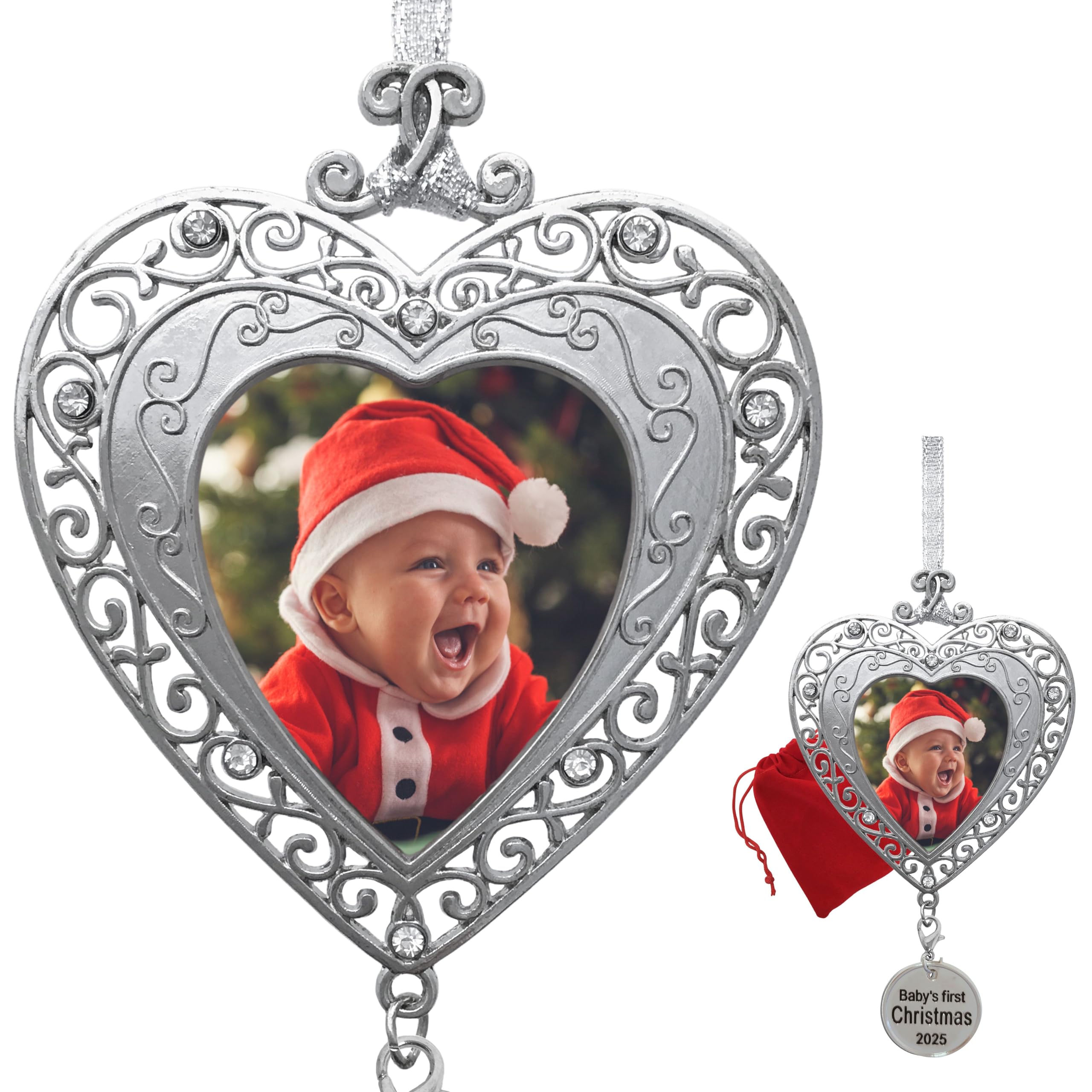 2025 Baby's First Photo Christmas Ornament- Picture Ornaments for Newborns - Filigree Heart Shaped Photo Ornament - Baby Xmas Ornaments Keepsakes - Gift/Storage Bag Included