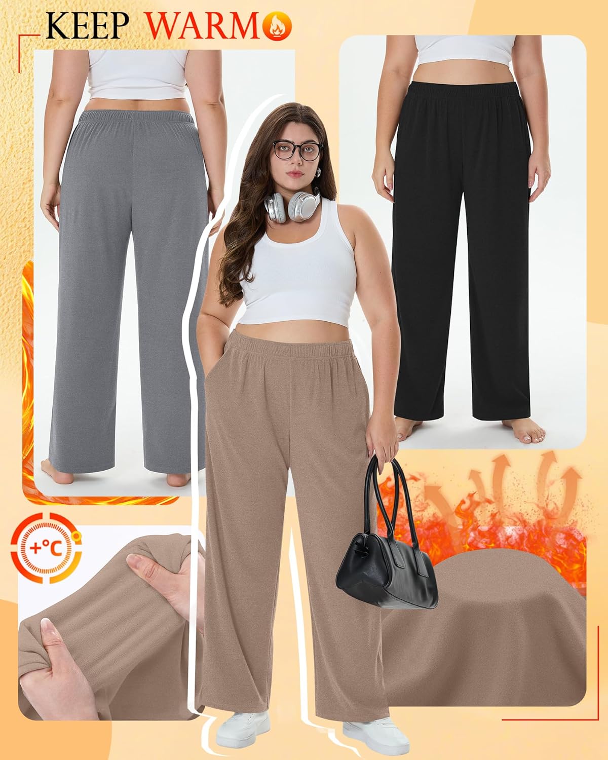 3 Pack Women's Plus Size Fleece Sweatpants Thermal Wide Leg Elastic Baggy Jogger Warm Pants Winter with Pockets - Image 5