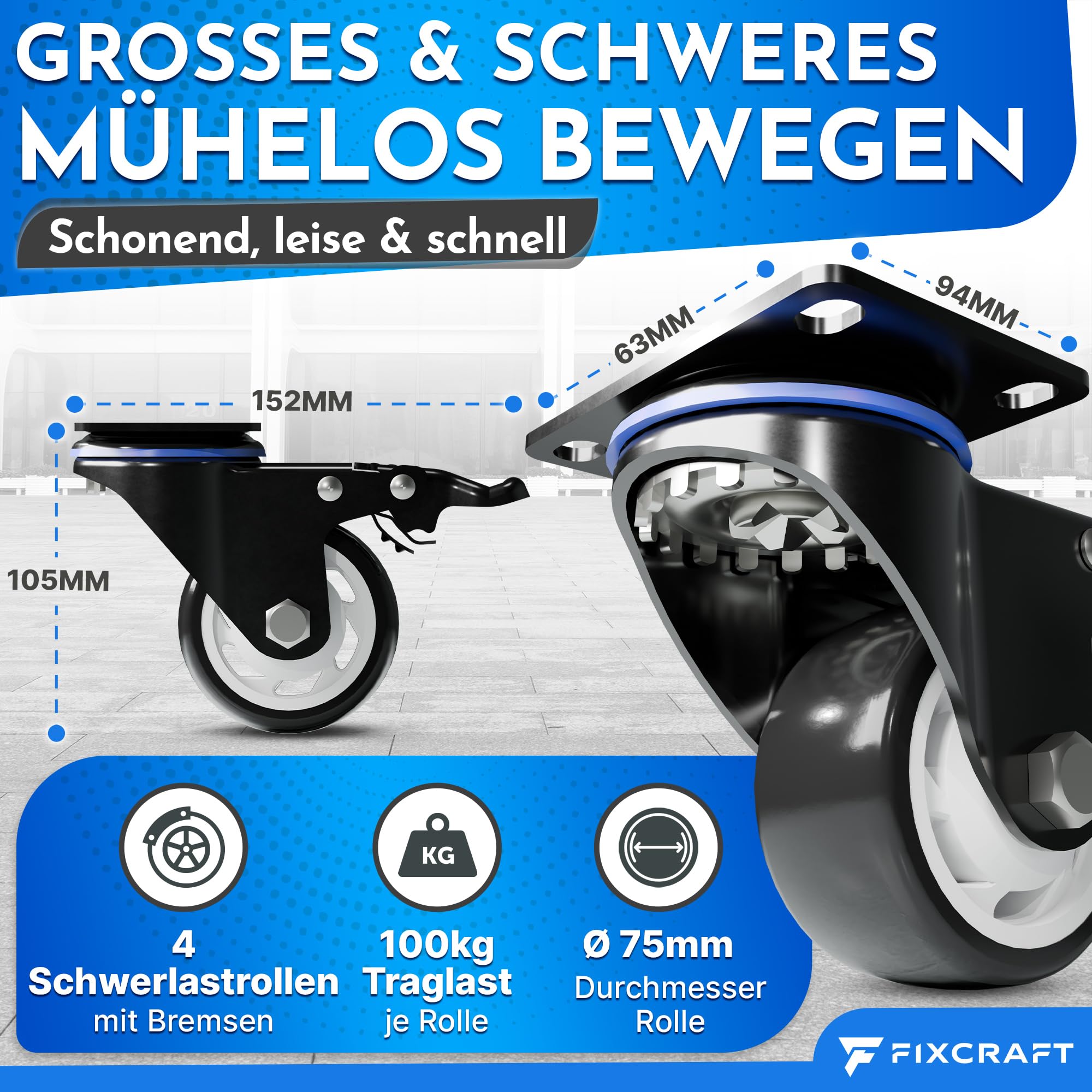 4 Schwerlastrollen mit Bremse [75mm] bis zu 400kg - Lenkrollen | Transportrollen, Möbelrollen, Bockrollen, Räder | Rostfreie Rollen Indoor + Outdoor | Für Werkstatt, Paletten