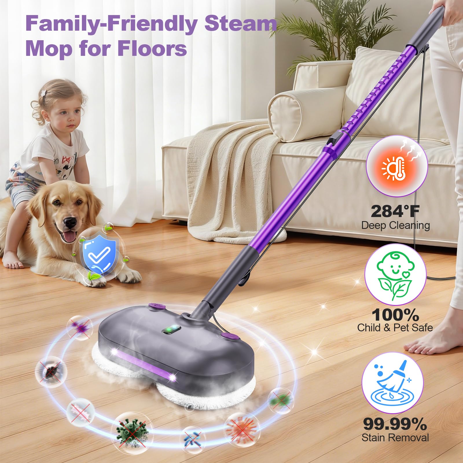 Fregona de vapor y fregona con almohadillas giratorias, limpiador de suelos para fregar y desinfectar, tanque de agua XL, cable de 23 pies, faros LED, almohadillas reutilizables y autónomo para suelos
