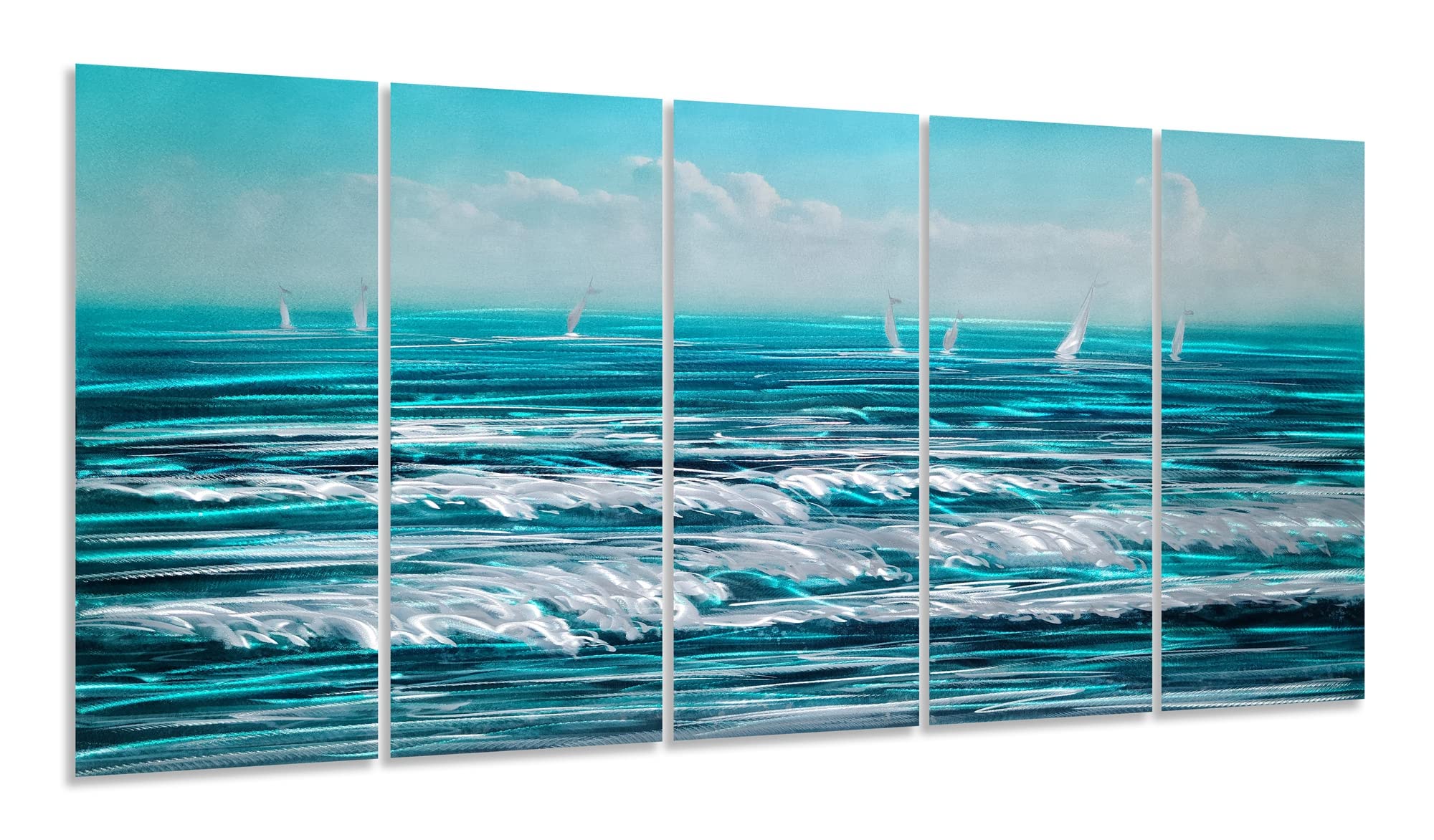 GALLERIEWALLA Coastal Metal Wall Art - 3D Blue Sea Wave Aluminum Artwork for Living Room Decor