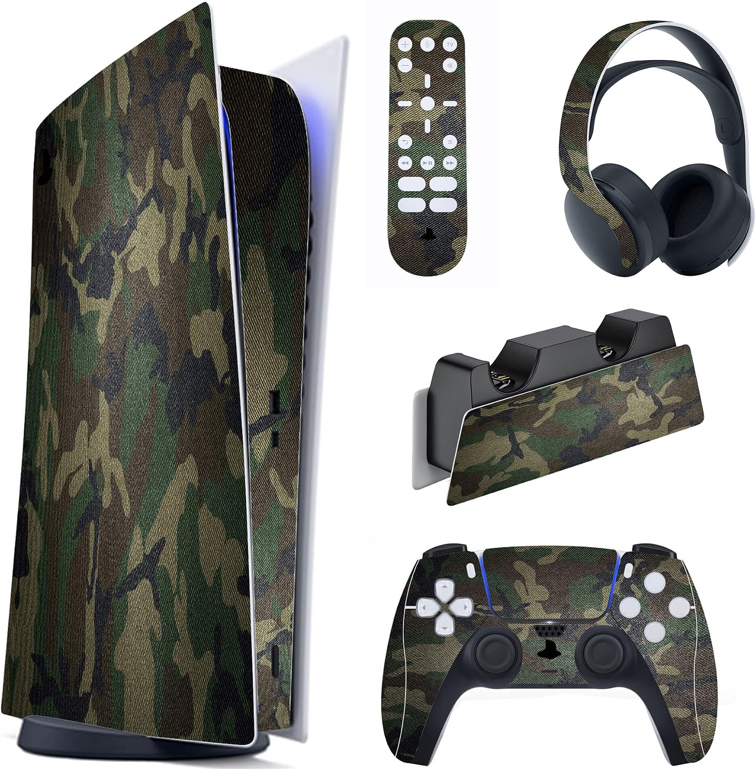 PlayVital Army Green Camouflage Full Set Skin Decal for ps5 Console Digital Edition, Sticker Vinyl Decal Cover for ps5 Controller & Charging Station & Headset & Media Remote