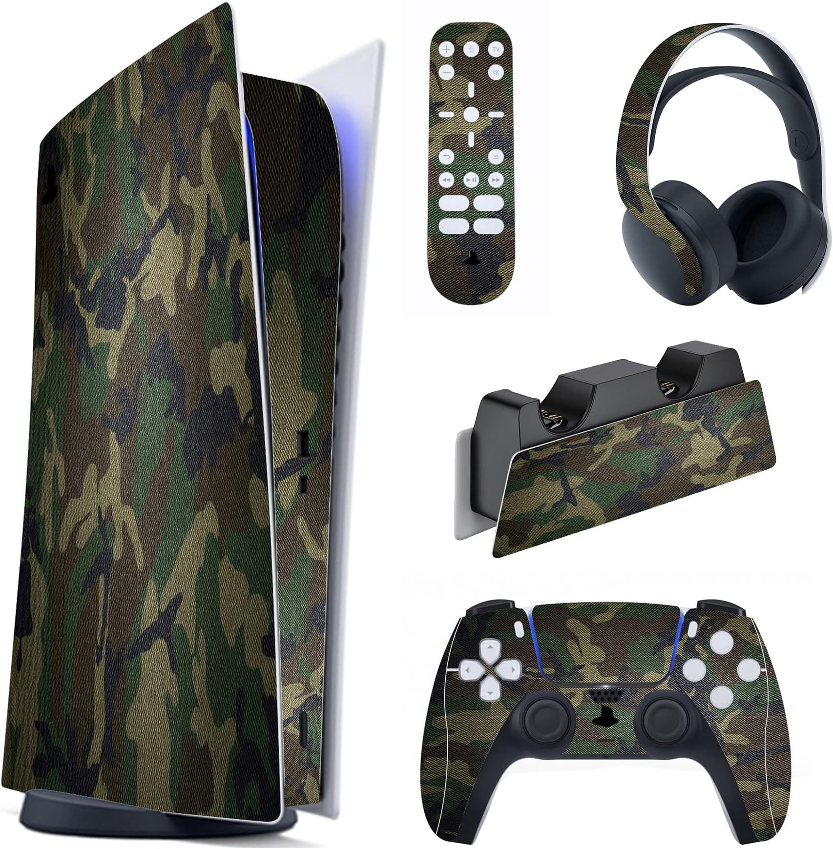 PlayVital Army Green Camouflage Full Set Skin Decal for ps5 Console Digital Edition, Sticker Vinyl Decal Cover for ps5 Controller & Charging Station & Headset & Media Remote