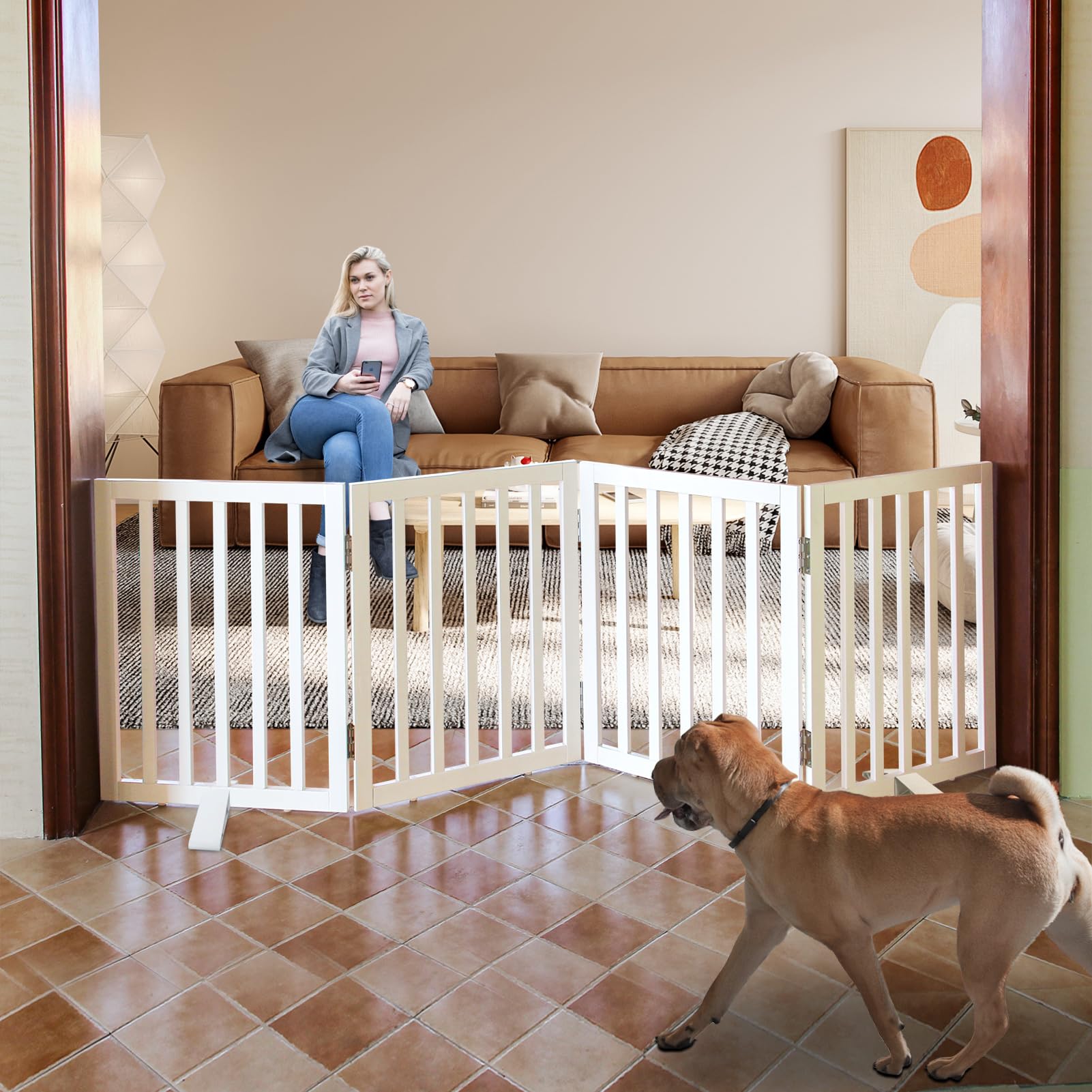 SFJC Dog Gate Indoor, Freestanding Dog Fence for The House, Doorways, Hallways,or Stairs,Pet Gate Foldable Wooden,Expandable 24" Height 4 Panels,White