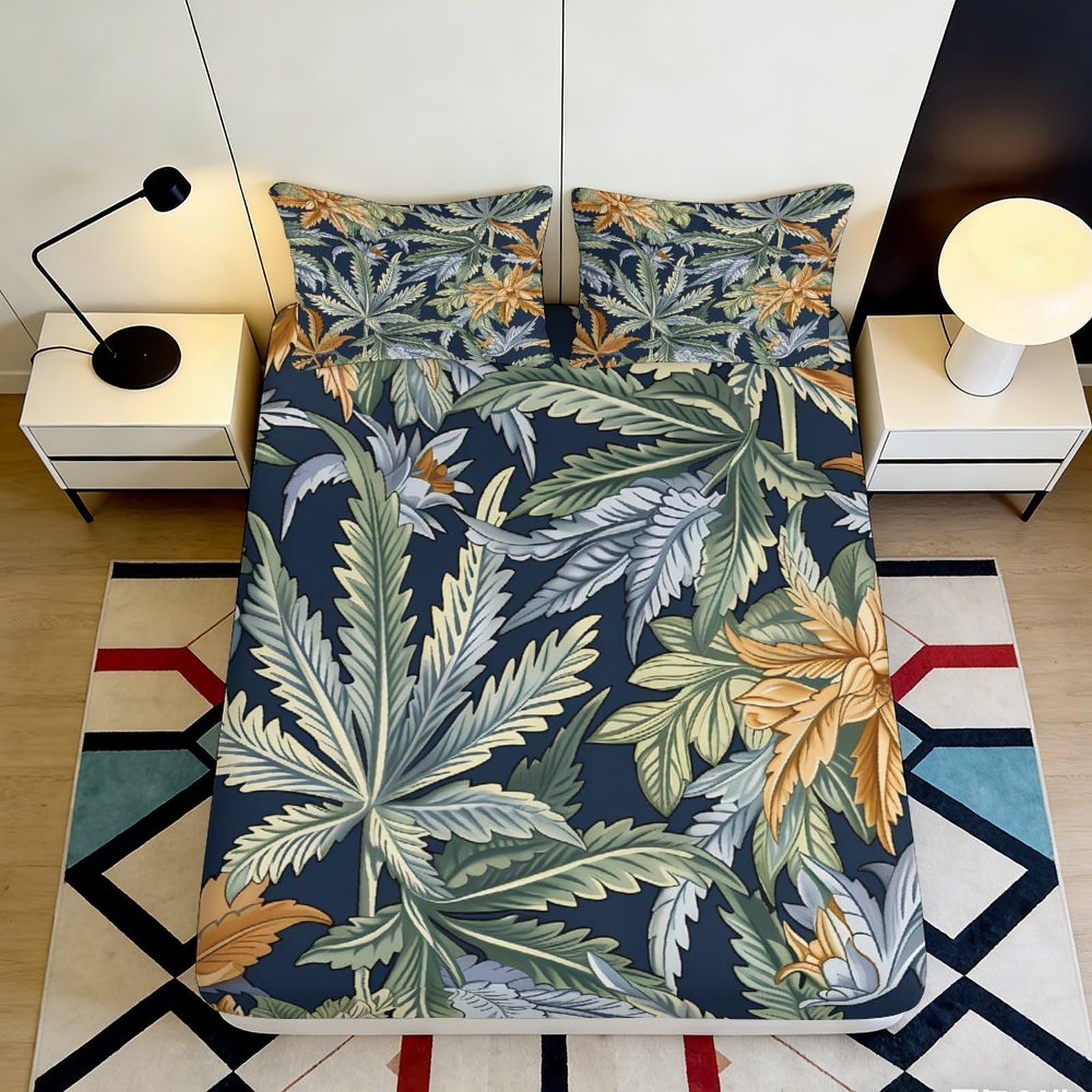 3D Printed Tropical Leaf Fitted Sheet Microfiber Soft Green Botanical Mattress Cover for Bedroom Guest Room Decor 90x200x25cm