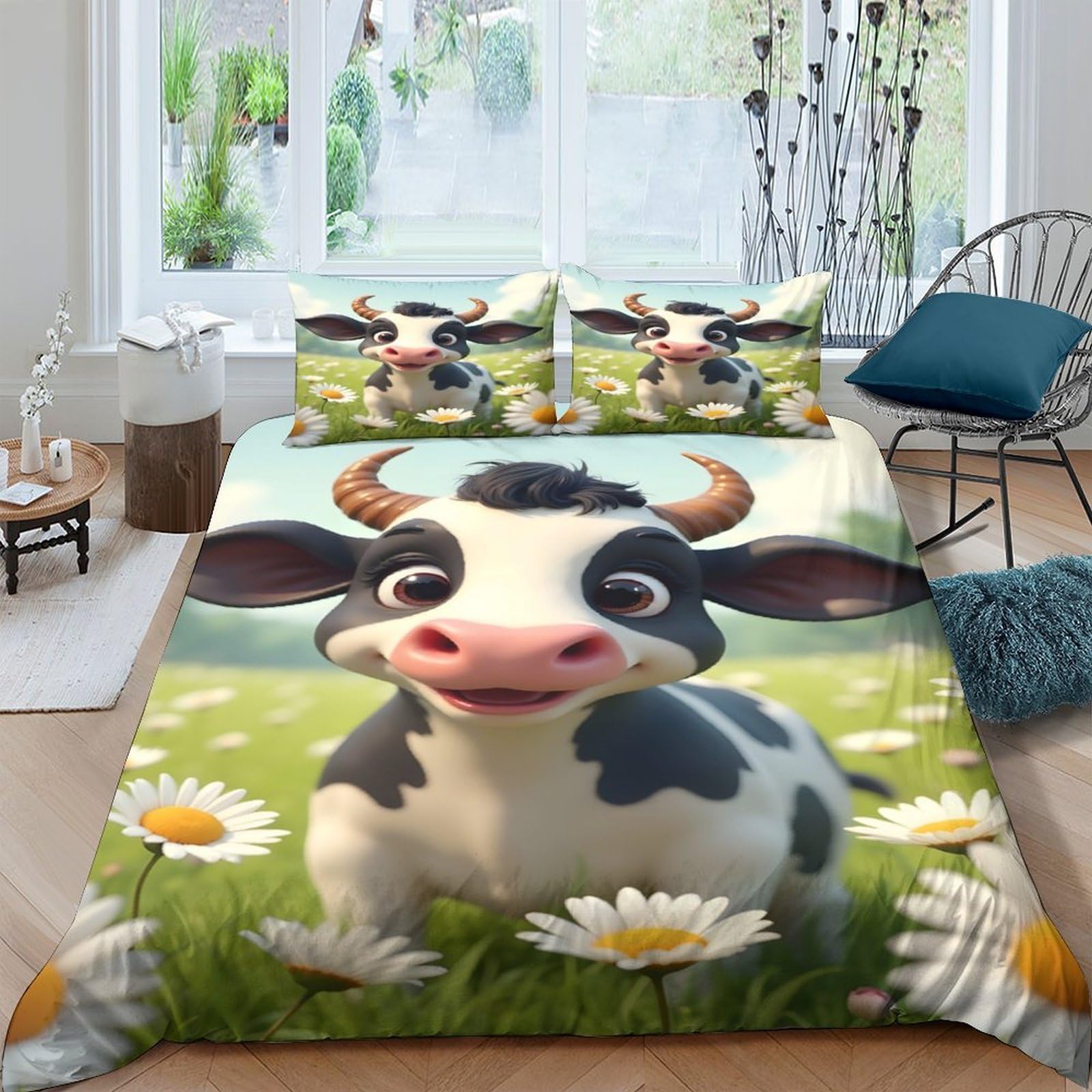 Ctjqhvkz Style-5 3D Printed Cartoon Cow Fitted Sheet Microfiber Soft Green Meadow Bed Cover For Bedroom Guest Room Mattress Protection Decor Single（135X200cm）