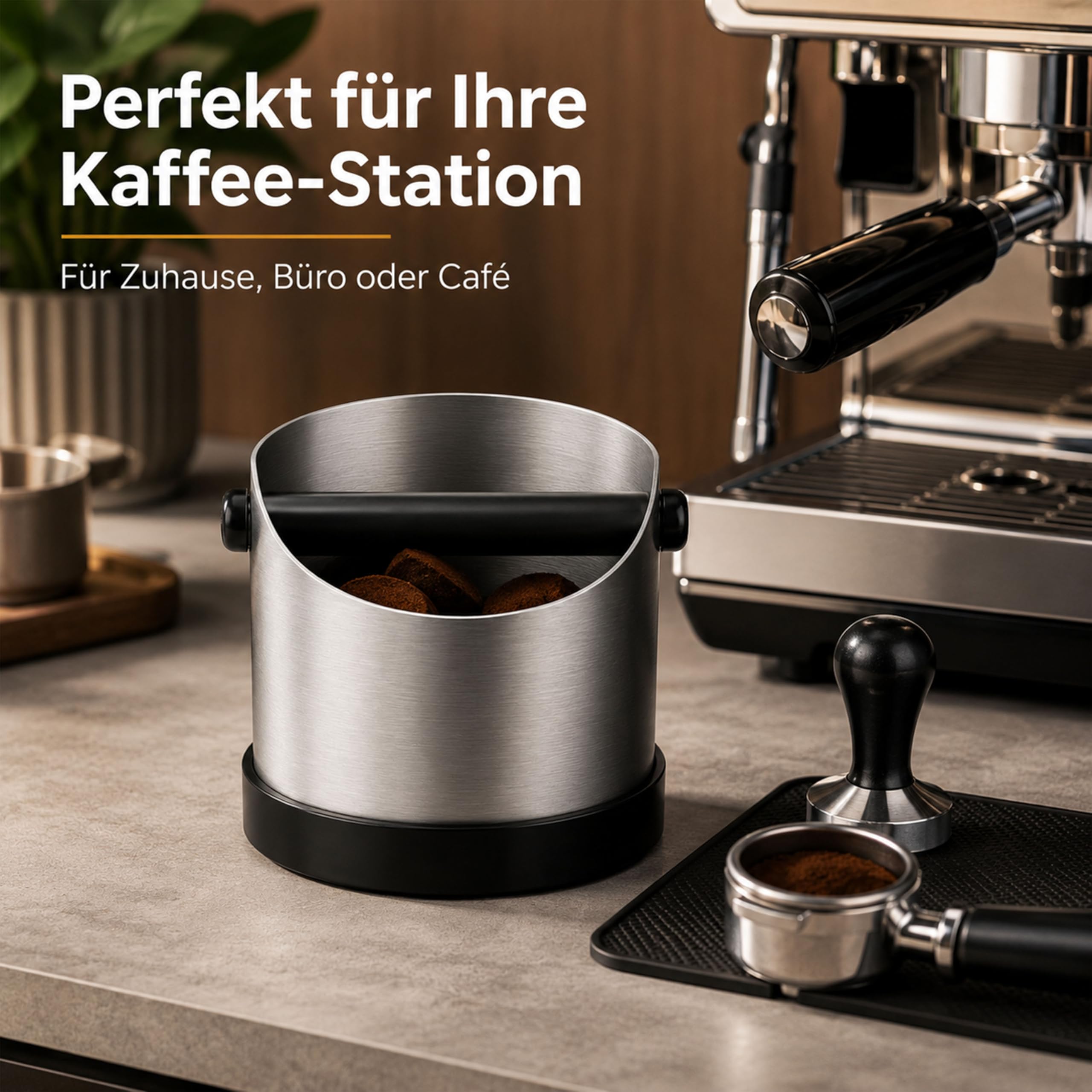 URMONA Knock Box per Espresso, Contenitore Fondo Caffè 1,3L in Acciaio Inox, Abklopfbehälter con Barra Rimovibile e Base Antiscivolo, Accessorio per Macchina Caffè Delonghi Sage Ninja (Argento)
