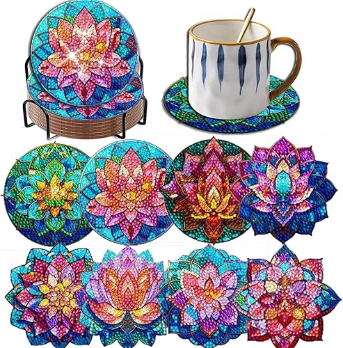 8 posavasos de diamante de loto con soporte para bricolaje, bonitos posavasos de arte de diamante de loto 5D con almohadillas de corcho para