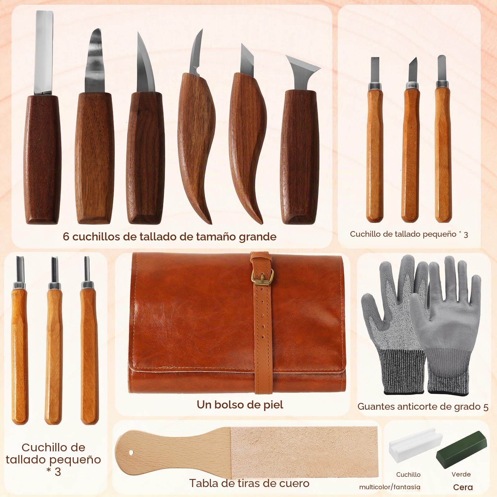 Juego de 17 cuchillos para tallar de madera para principiantes, seguro y sencillo, selección completa de herramientas con guantes, bolsa de herramientas