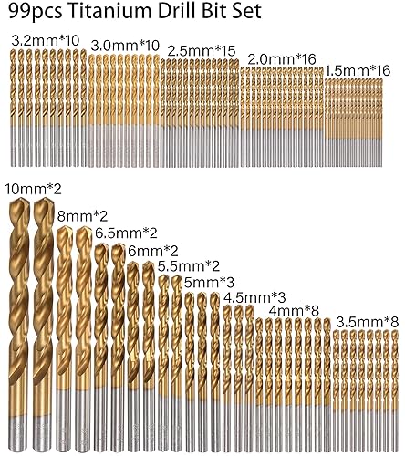 Miniatura 2 de Juego de 99 brocas recubiertas de titanio, kit de brocas HSS de punta de 135 grados para acero, aluminio, cobre, acero de aleación suave, madera,