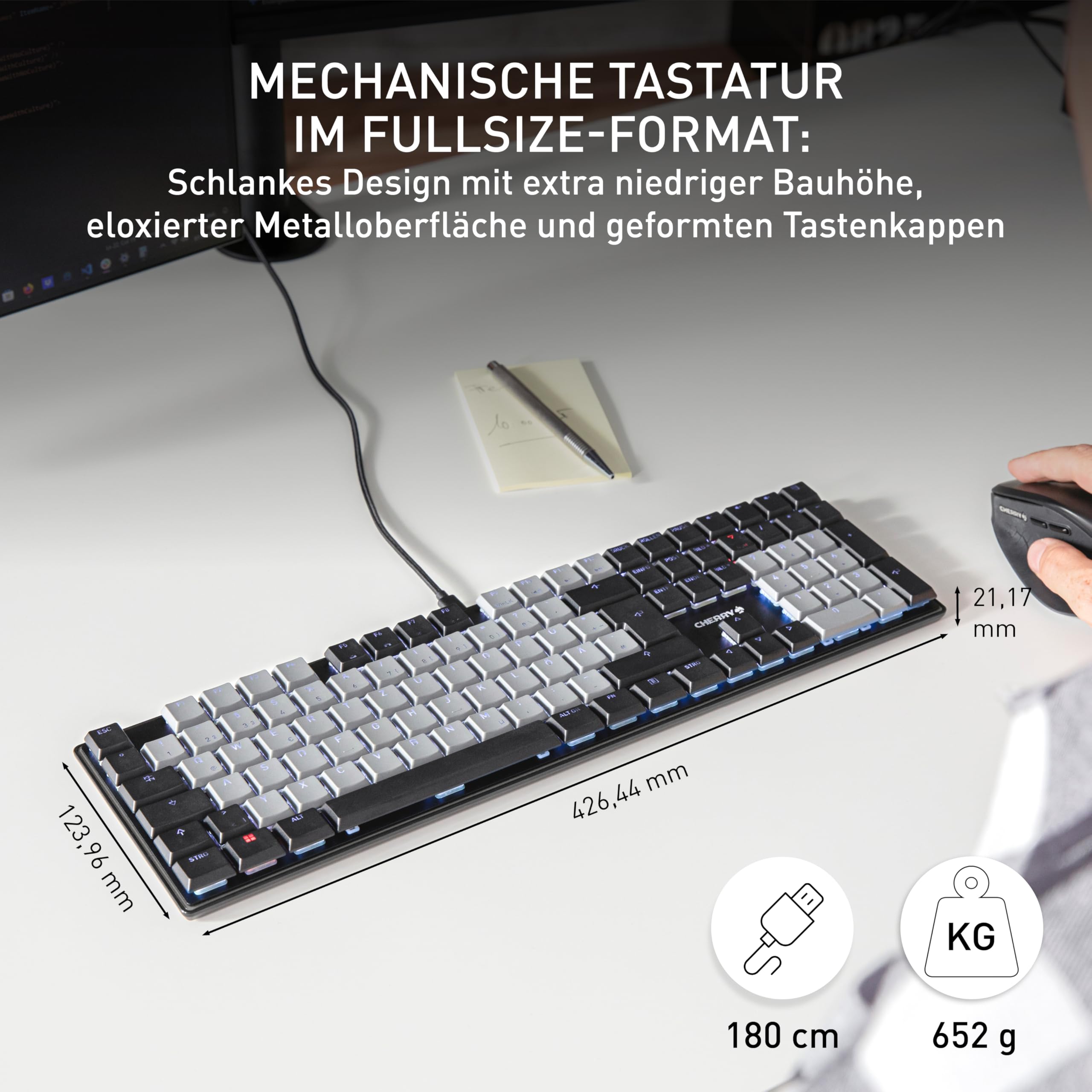 CHERRY KC 500 MX LP, Mechanische Low-Profile-Tastatur, Deutsches Layout (QWERTZ), Kabelgebunden (USB-A), Weiße Beleuchtung, MX LP 2.0 Ivory Switches, Schwarz