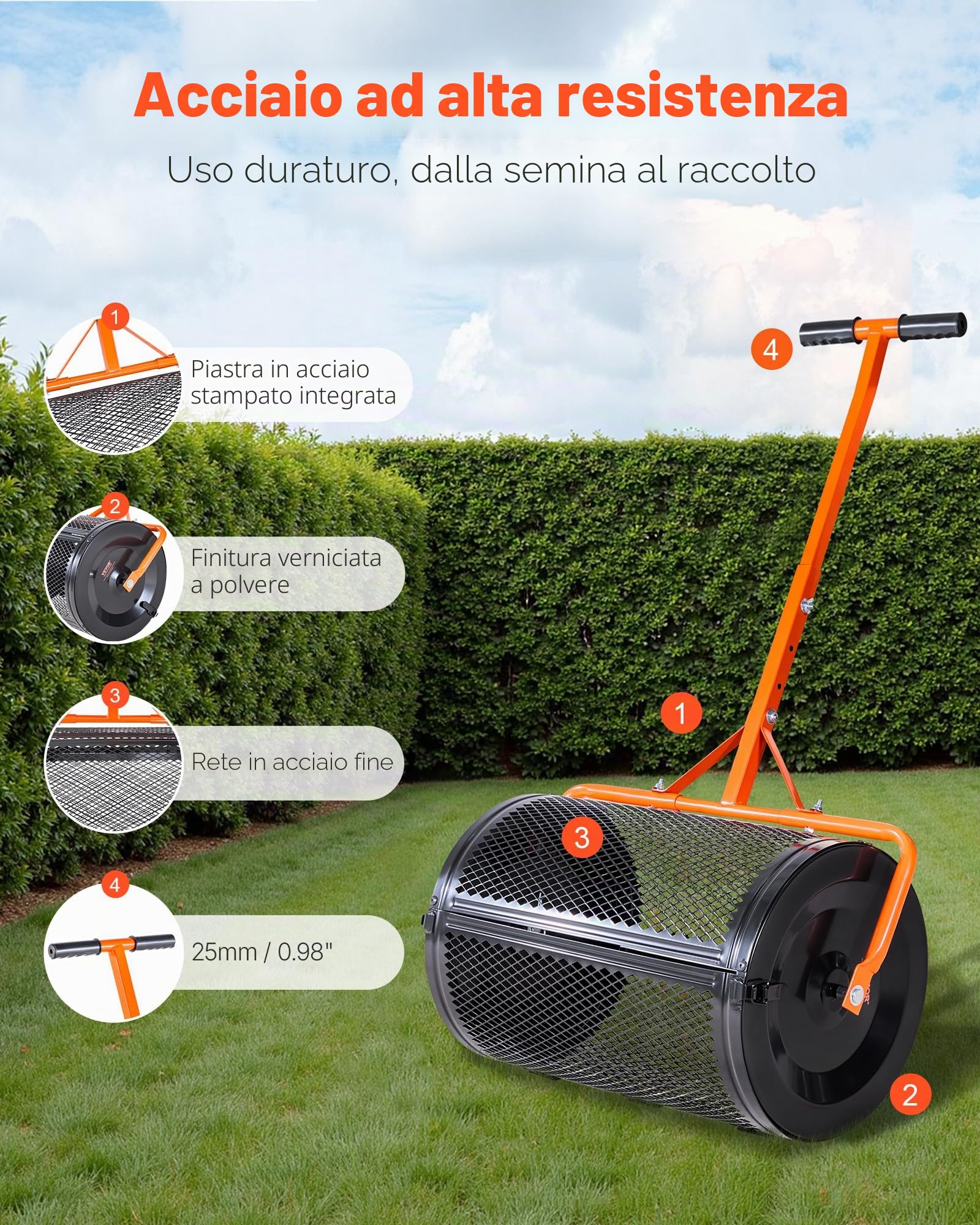 VEVOR Spandiconcime a Rullo, Spandiconcime per Torba 67 x 41 cm con Manico a T, Rullo per Torba da Giardino in Acciaio Verniciato Regolabile in 3 Altezze, per Semi di Erba per Piantare e Seminare