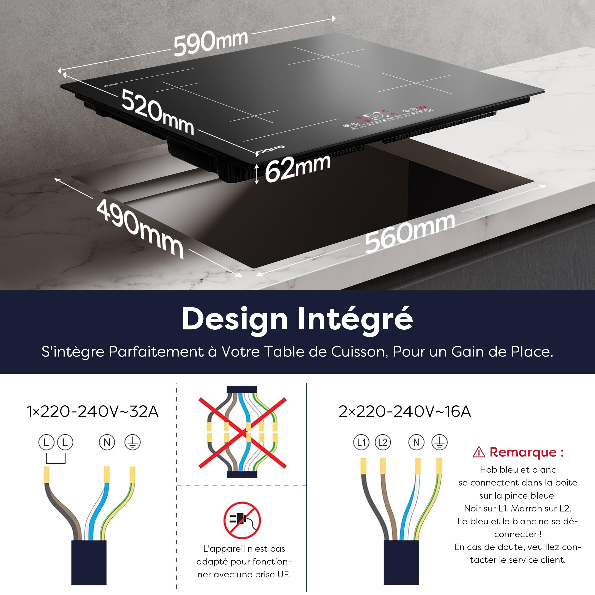 Ciarra 7200W Plaque de Cuisson à Induction 4 Feux - 1 Zone Flexible - Fonction Boost - Commande Tactile - 9 Niveaux de Puissance - Verrouillage d'enfant - Idéale cuisine familiale - Noir