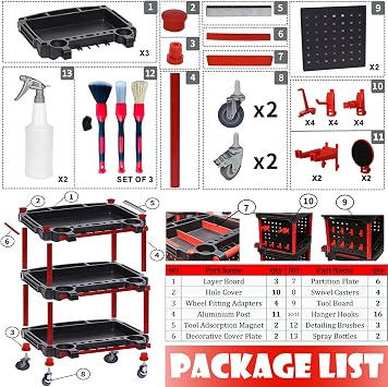Utility Tool Trolley on Wheels, 200Kg Cap. 3-Tier Rolling Cart with Lockable Wheels, 2 Detachable Steel Pegboard+2 Spray Bottles+3 Detailing Brushes+2 Car Wash Mitt for Garage Workshop Organization