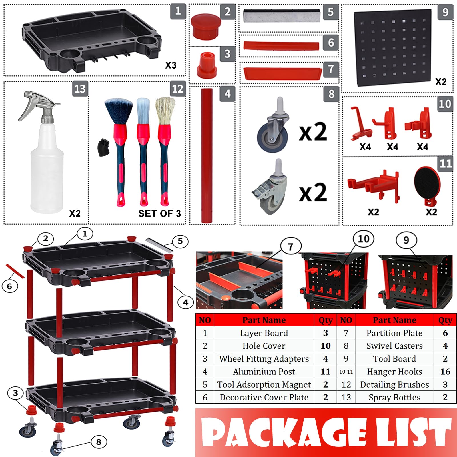 Werkzeugwagen auf Rädern, 200 kg Tragkraft, 3-stöckiger Rollwagen mit feststellbaren Rädern, 2 abnehmbare Stahl-Lochplatten + 2 Sprühflaschen + 3 Detailing-Bürsten + 2 Autowaschhandschuhe für Garage