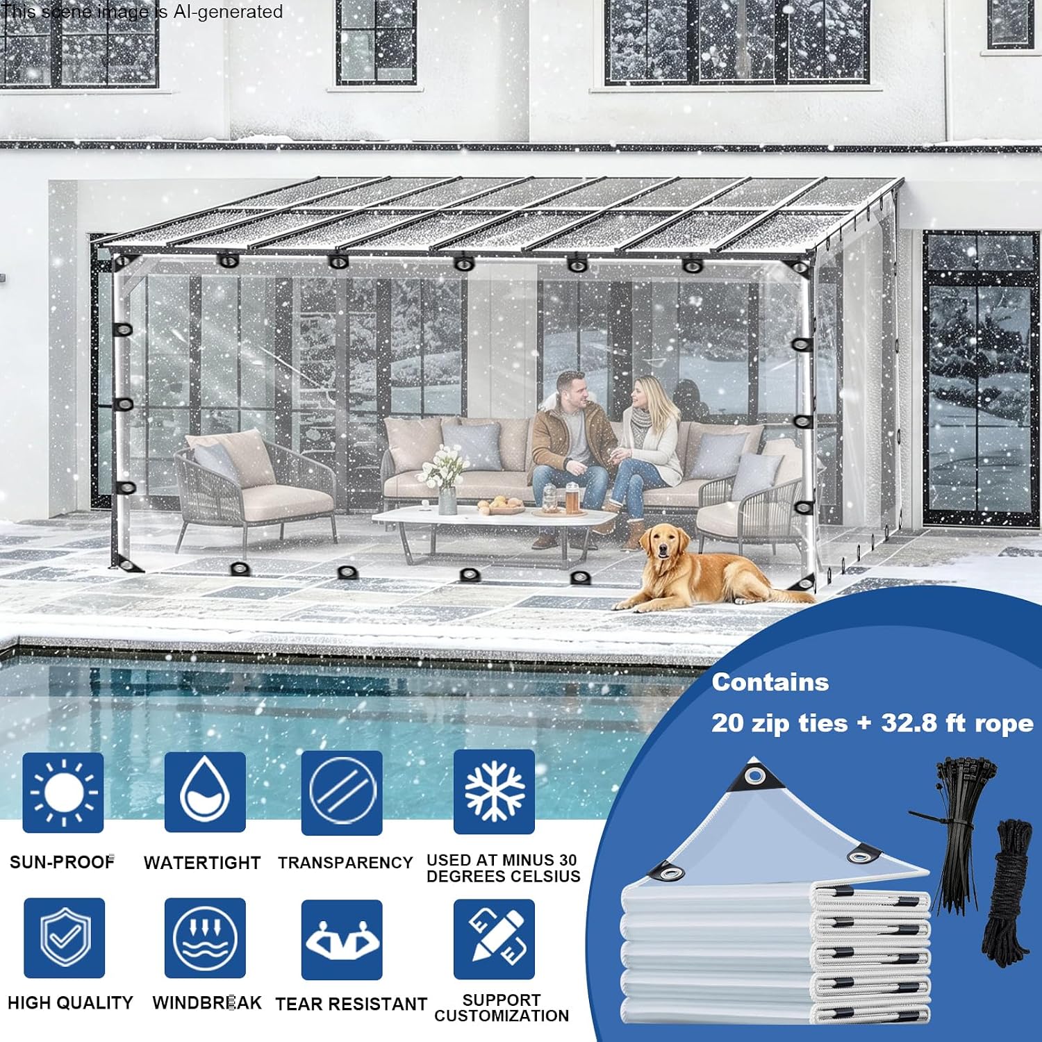 10x20ft Clear Tarp with Grommets, Upgraded Edge Heat Fused Tear Resistant Clear Heavy Duty Tarps, Clear Vinyl Tarps for Patio Fencing, Porch, Chicken Coops,and More（Windproof Rope and Cable Ties ） thumbnail