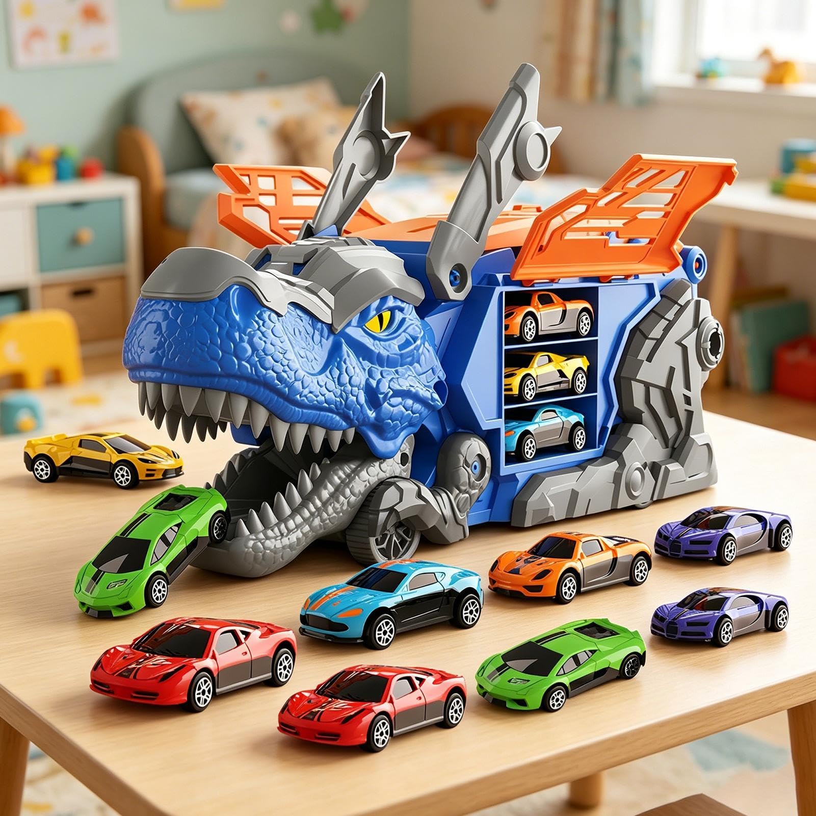 Dinosaur Truck for Kids 12 Mini Cars Dxouble Track Portaxble Handle