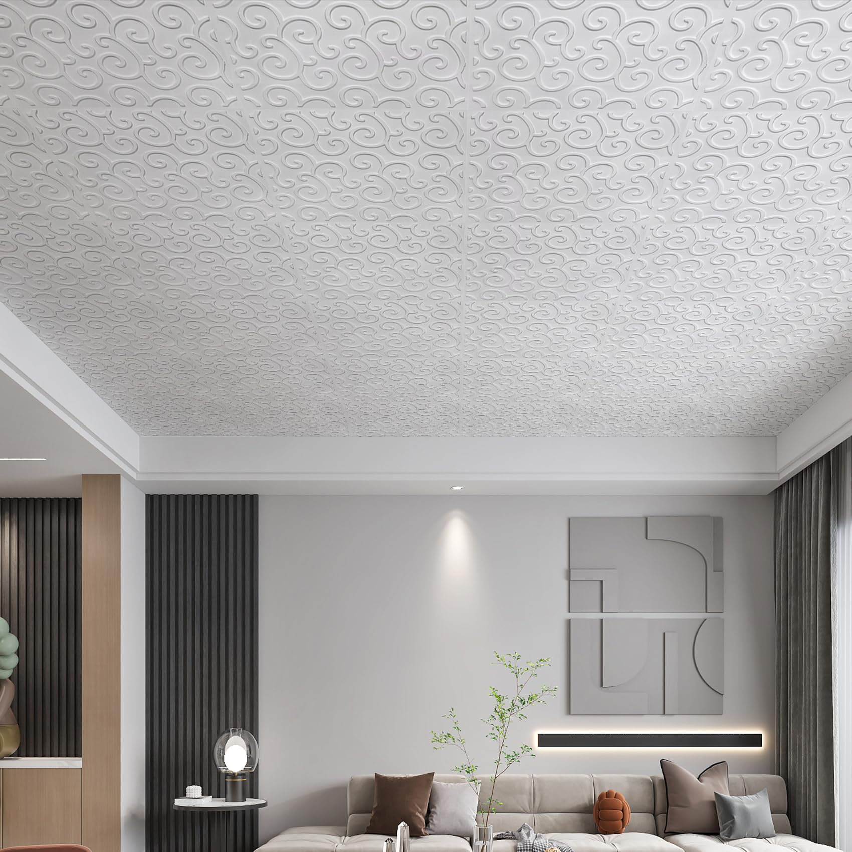 STICKGOO Decorative Drop-in Ceiling Tiles 24x24, Decorative PVC Glue-up Ceiling Panels in White(Pack of 12pcs)