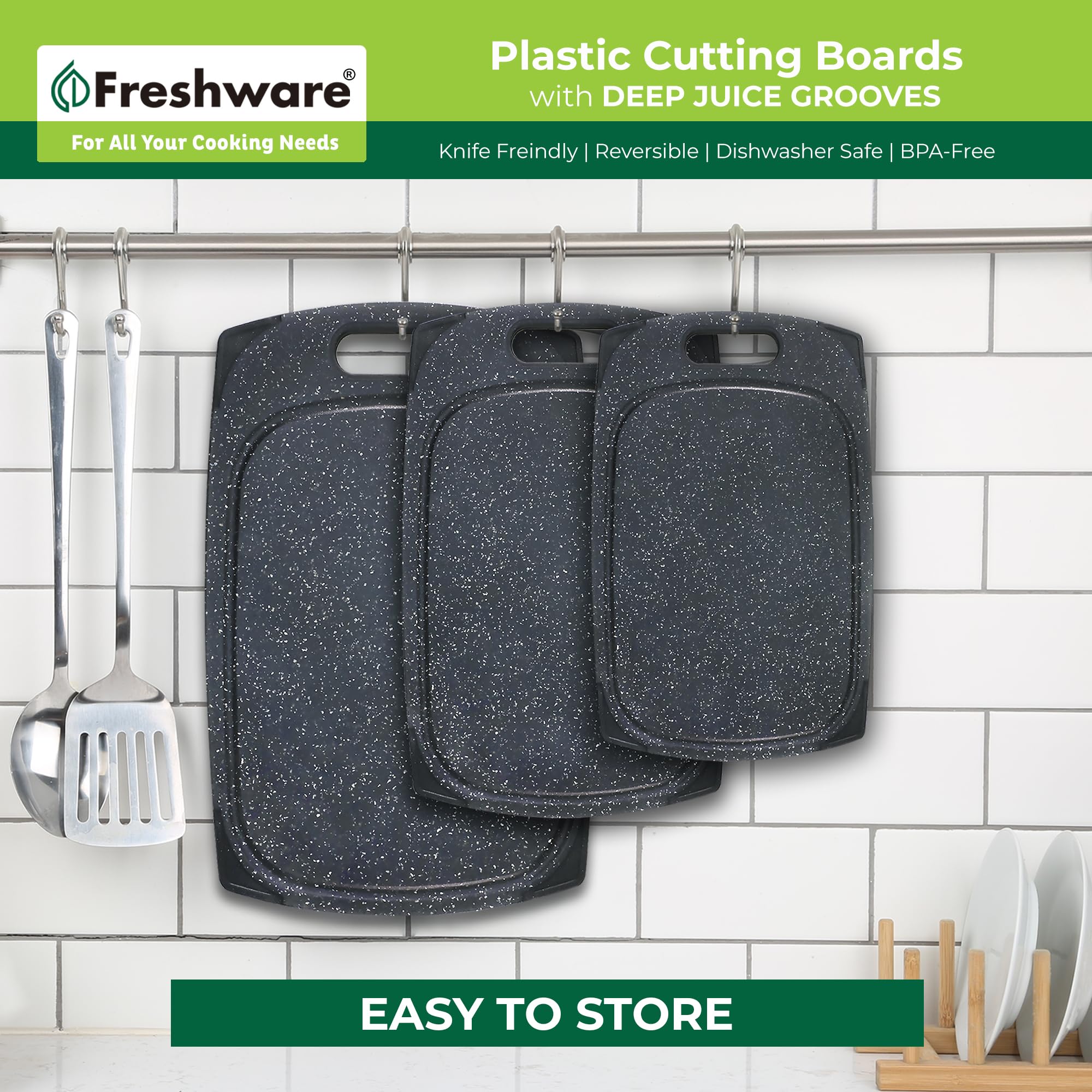 Juego de 3 tablas de cortar de plástico para cocina, ranuras para jugos con mango de fácil agarre, sin BPA, no porosas, aptas para lavavajillas, mármol negro