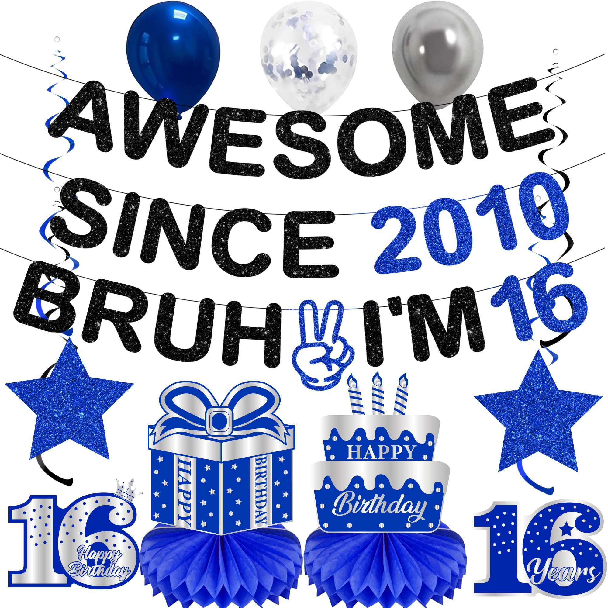 16th Birthday Decorations Banner Boy - 12 Pcs Pre-Strung Glitter Blue Black Awesome Since 2010 Bruh I'm 16 Banners Hanging Swirls Honeycomb for Boys Sixteen Year Old Party Decoration Supplies โ image 1