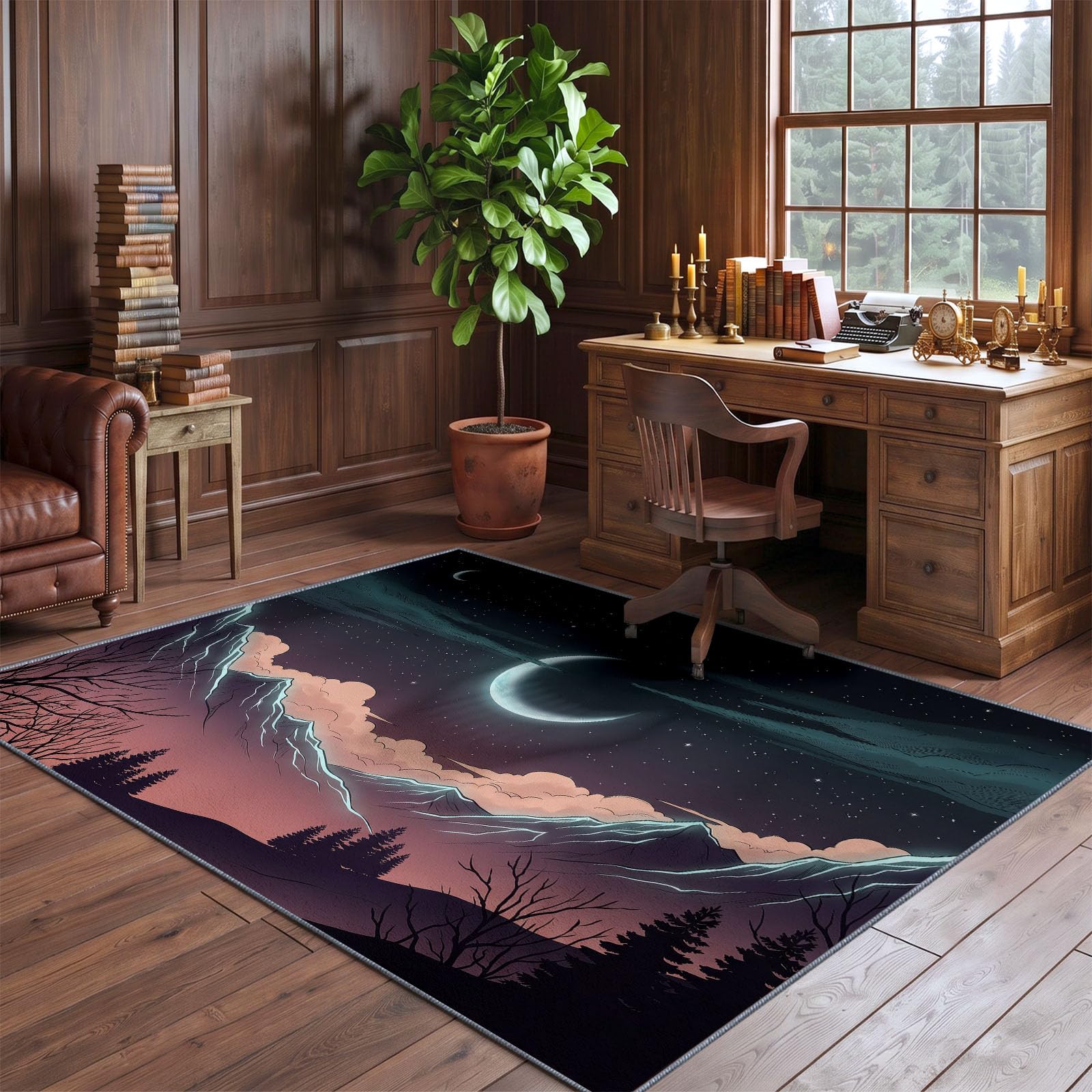 Générique Tapis Poil Ras Salon Illustration Doux Moquette Chambre 140 x 200 cm, Lavable Descente De Lit Rouge pour Cuisine, Salle à Manger, Bureau Couloir-Tapis Lune Forêt Arbres Dénudés