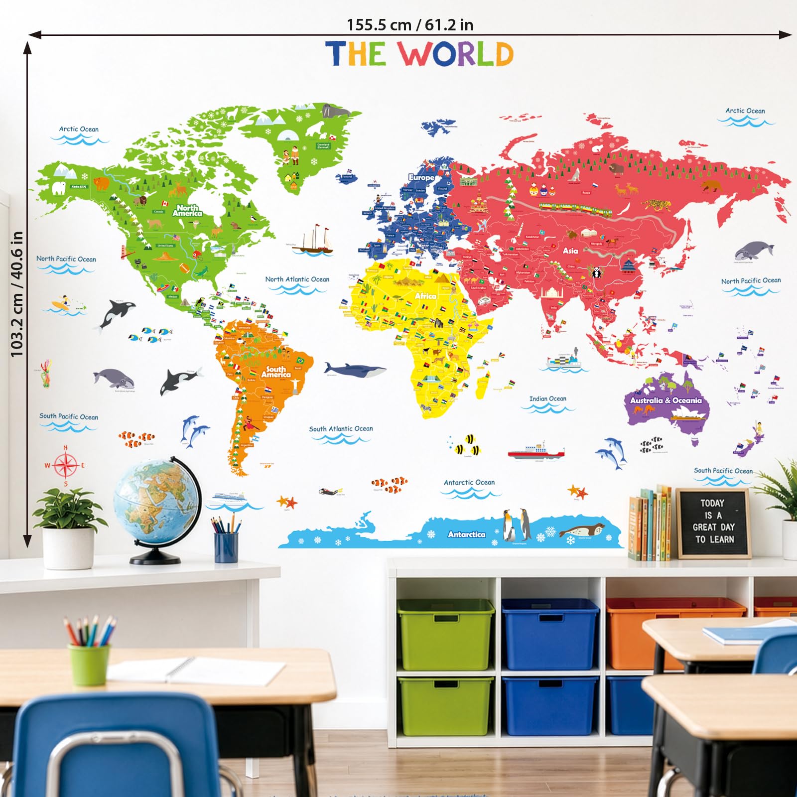 DECOWALL DL3-2212 Kolorowa mapa świata Naklejki ścienne dla dzieci Naklejki ścienne Peel and Stick Zdejmowane naklejki ścienne dla dzieci Przedszkole Sypialnia Salon