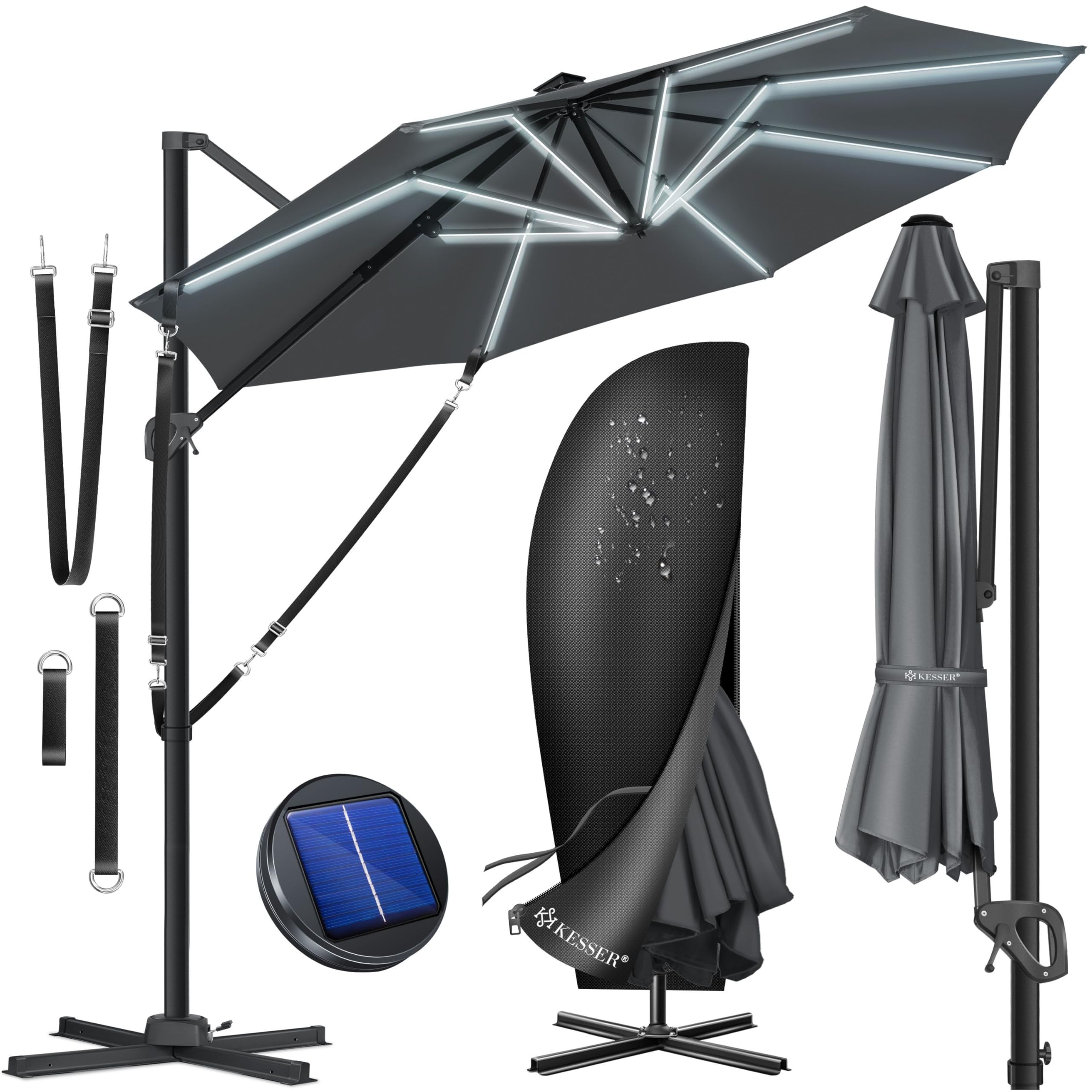 KESSER® Sonnenschirm Ampelschirm SUN Rund LED XL Ø330 cm, 7-Fach Verstellbar Drehbar Neigbar Kippbar Groß 360° Drehbar Gartenschirm mit Kurbel Sonnenschutz UV50+ Inkl. Windschutz & Abdeckung,Anthrazit