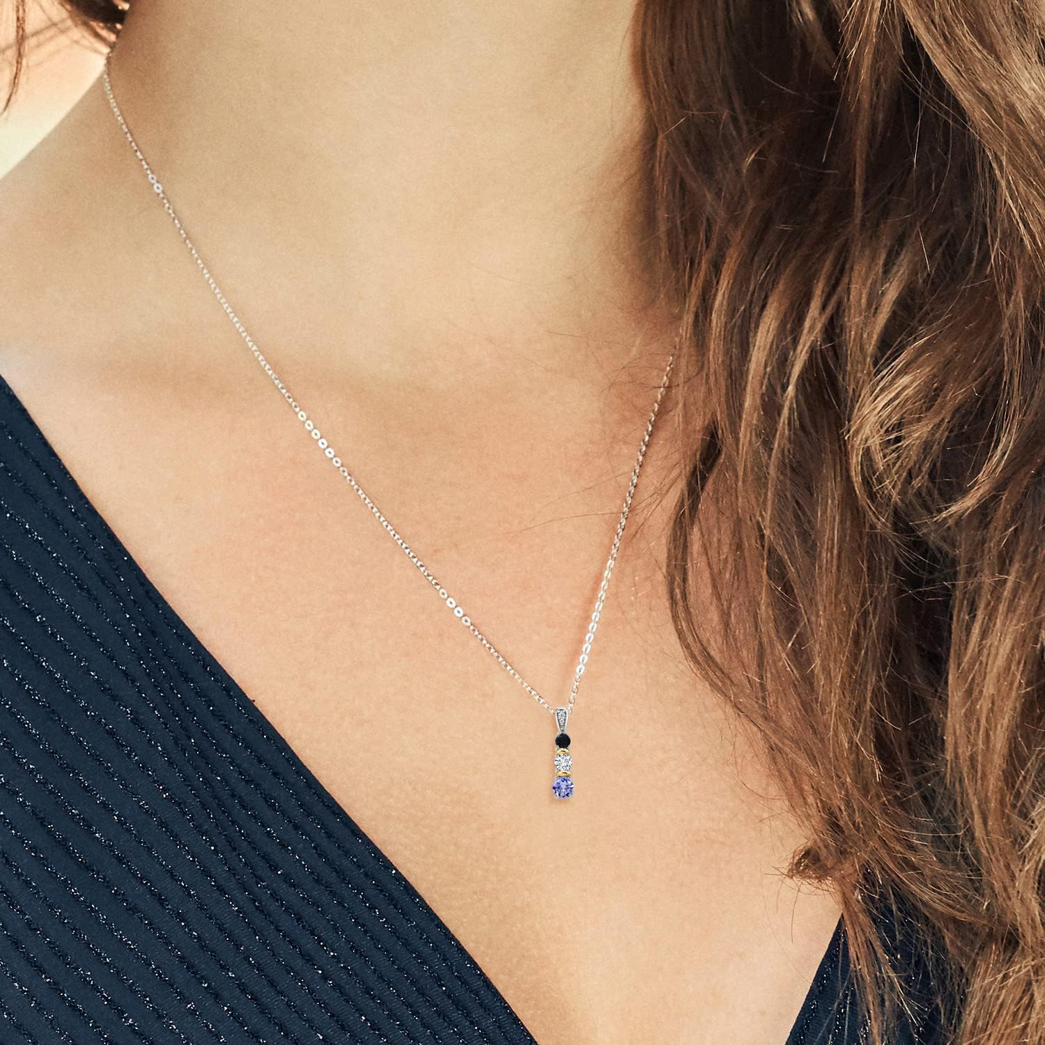 Gem Stone King 925 Silver and 10K Yellow Gold Round Blue Tanzanite White Lab Grown Diamond and Black Onyx Pendant Necklace For Women (0.57 Cttw, Gemstone December Birthstone, with 18 Inch Chain) - Image 3