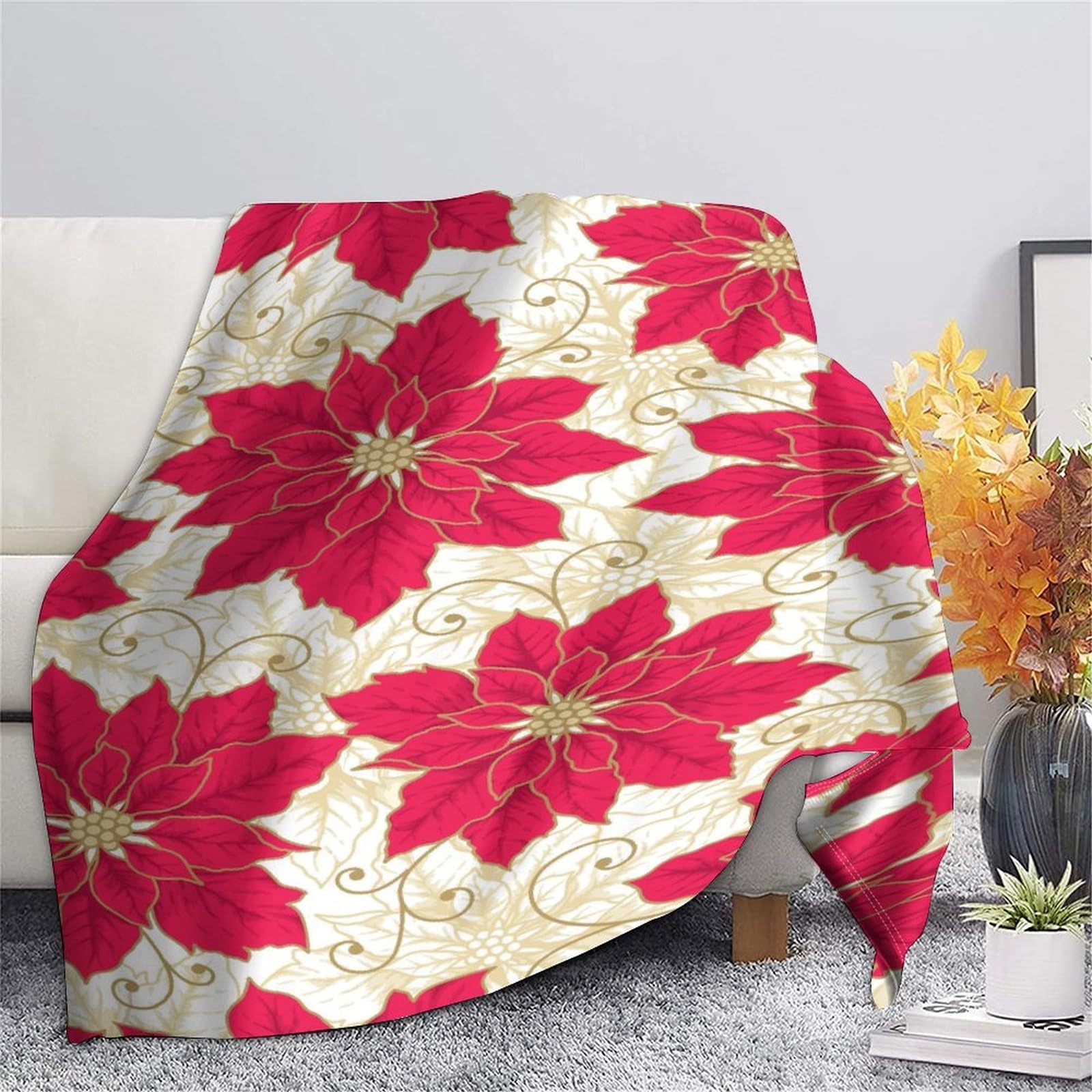Manta de Navidad 3D Impresa Ponsettia Microfibra Decoración Hogar Manta Floral Navideña Suave Cálida para Sofá Dormitorio 60x80inch(150x200cm)