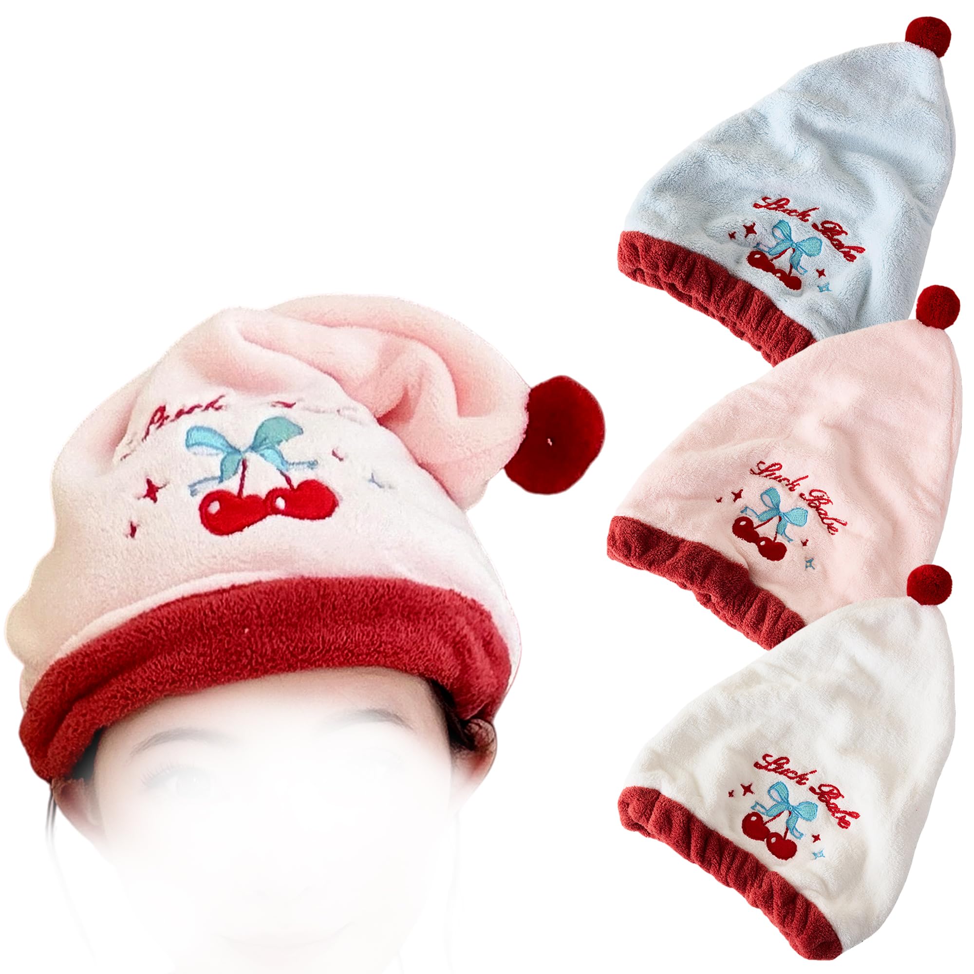 UINSUE 3-Pack Cute Cherry Hair Drying Towels for Women Soft Absorbent Quick Dry Coral Fleece Turban Bath Wrap for Shower Spa Travel (3 Colors - Hair Turban)