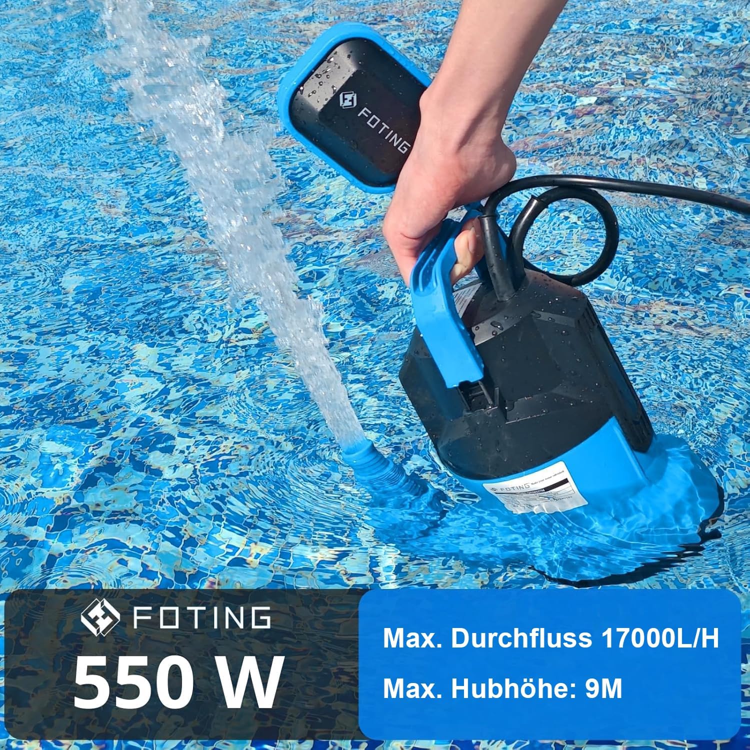 FOTING Flachabsaugpumpe 550 W, 17.000 l/h, Förderhöhe bis 9 m, Eintauchtiefe bis 7 m, flachabsaugend bis 1 mm, für Pool, Keller und Entwässerung