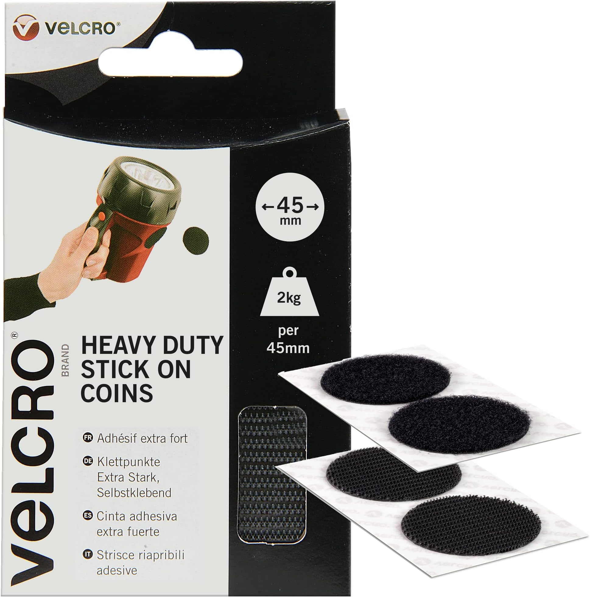 Heavy Duty Stick on Coins, Industrial Strength Hook & Loop Self Adhesive Sticky Coins Perfect for Room Décor & Home, Office, Garage Use, Black, 45mm x 45mm, Set of 6