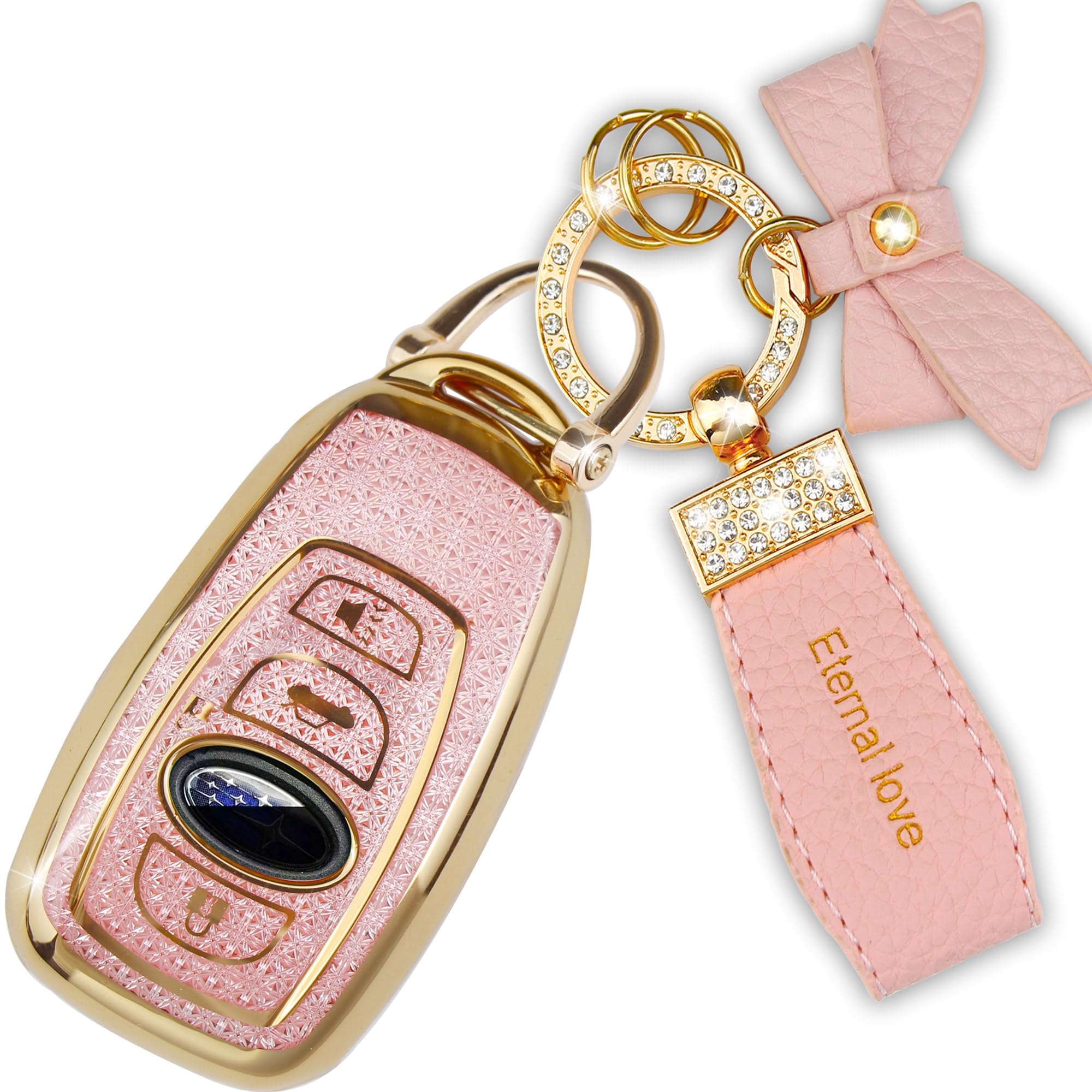 Simocky Key Fob Cover with Diamond Keychain for Subaru Car Key Shell Compatible with Forester Outback BRZ Legacy CrossTrek Soft TPU Smart Key