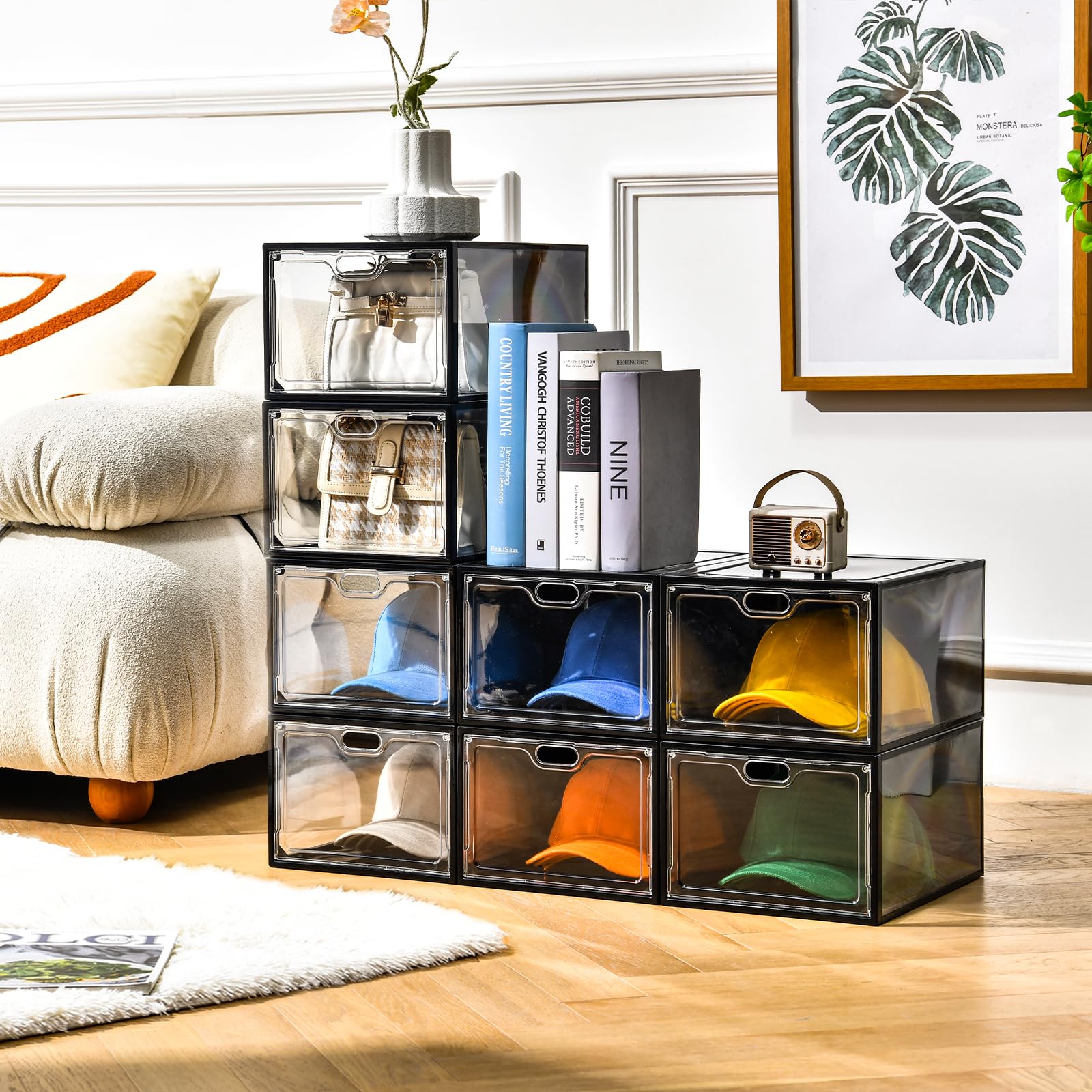 INSTY 8 Pack Hat Organizer Box,Upgraded Sturdy Clear Hat Storage Box with Magnetic Door, Hat Rack Stackableï¼ŒMultifunctional Hat Boxï¼ŒEasy to Assemble Hat Rack