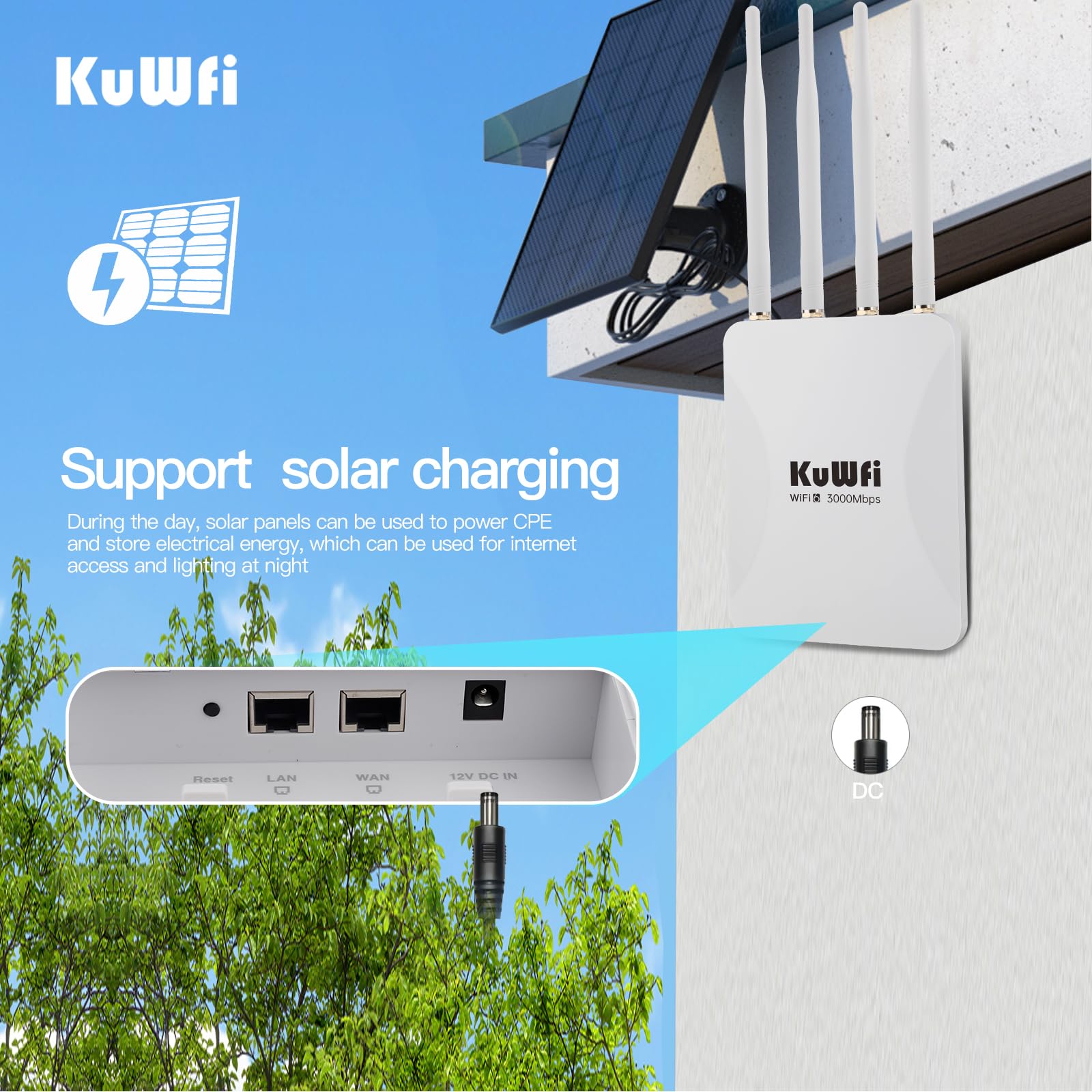 KuWFi Répéteur et extension WiFi 6 extérieur | Point d'accès AX3000 Mbps 2,4 GHz et 5 GHz pont WiFi avec 4 antennes à gain élevé, port Gigabit et alimentation PoE. Prend en charge MU-MIMO, itinérance